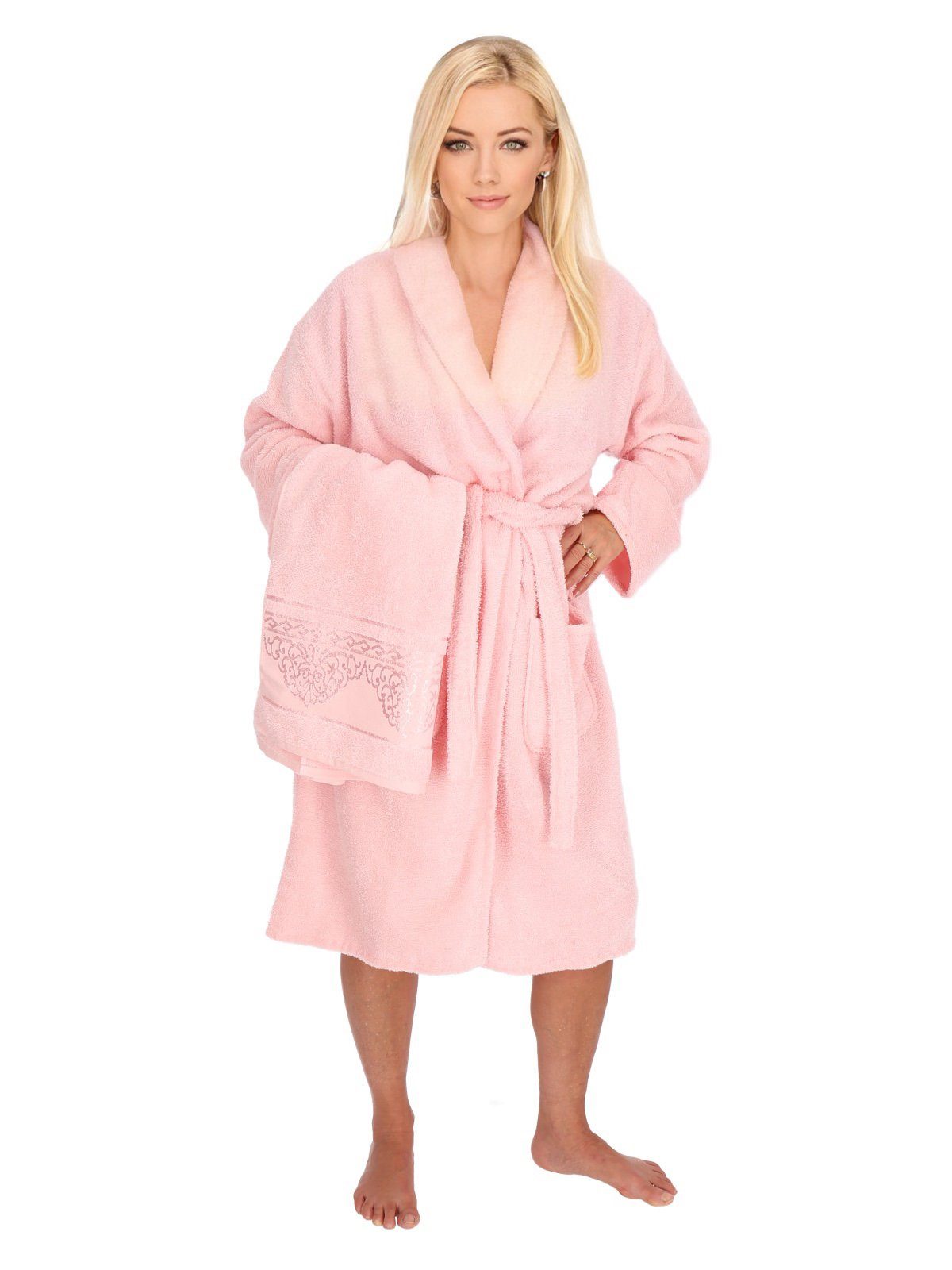 ZELLERFELD Damenbademantel 2-teilig Bademantelset Damen 100% Baumwolle  Einheitsgröße mit Handtuch 2 Taschen Gürtel Cotton Sauna