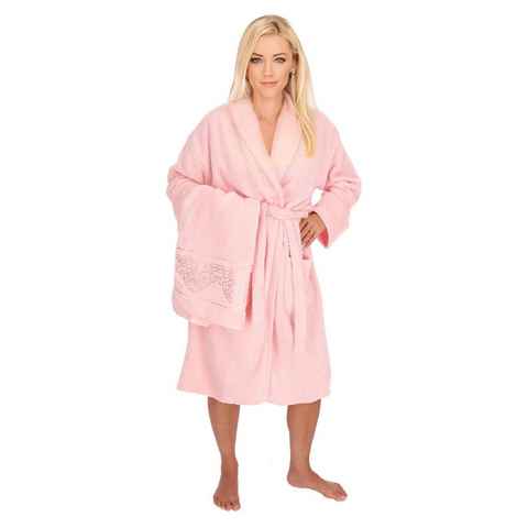 ZELLERFELD Damenbademantel 2-teilig Bademantelset Damen 100% Baumwolle Einheitsgröße mit Handtuch 2 Taschen Gürtel Cotton Sauna