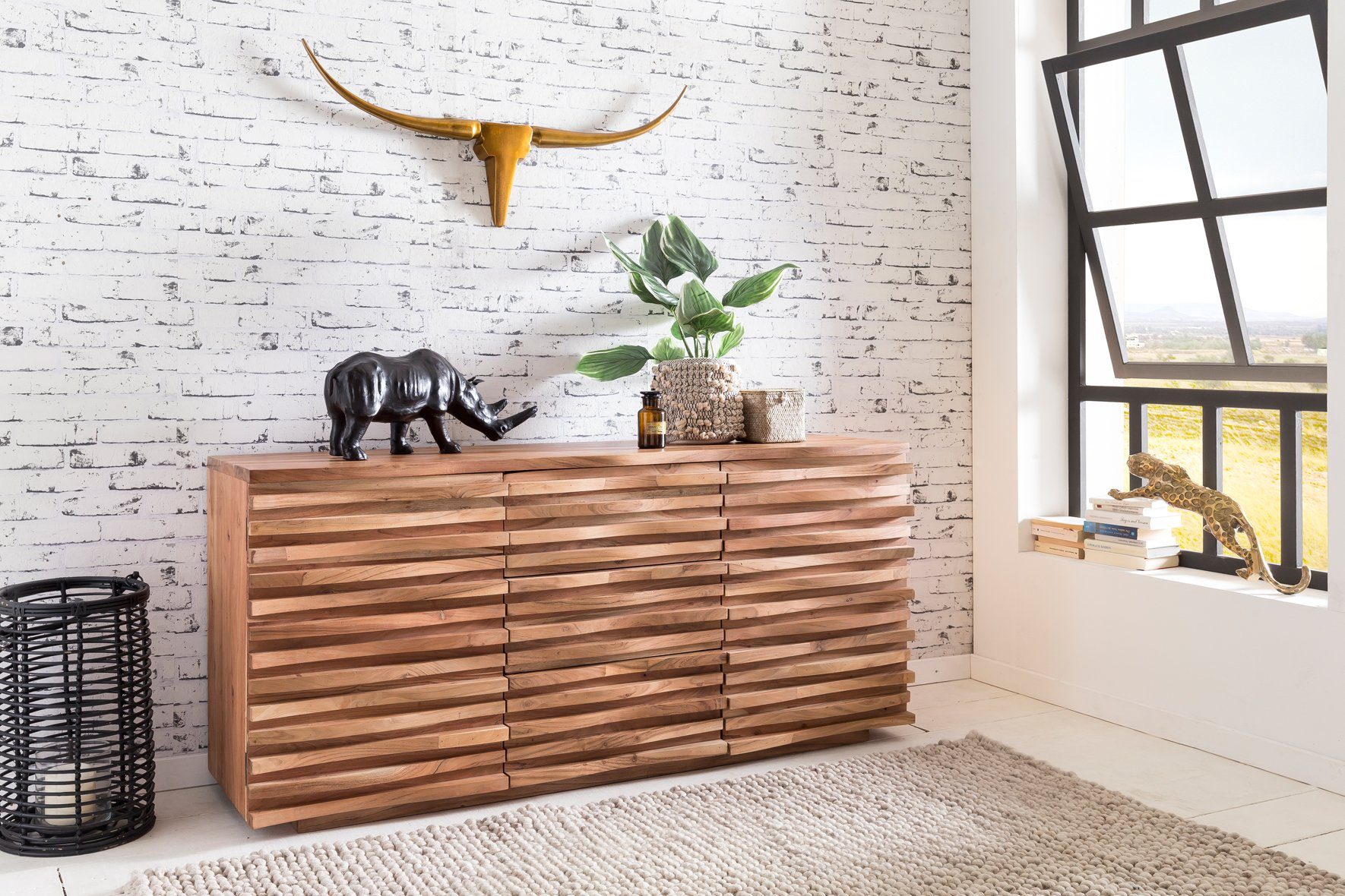 Wohnling Sideboard WL5.200 Massivholz Akazie 160 cm Anrichte Schublade Kommode Schrank (160x75x43 cm Massivholz Akazie Baumkante Anrichte), Standschrank, Kommode mit Schubladen & Türen