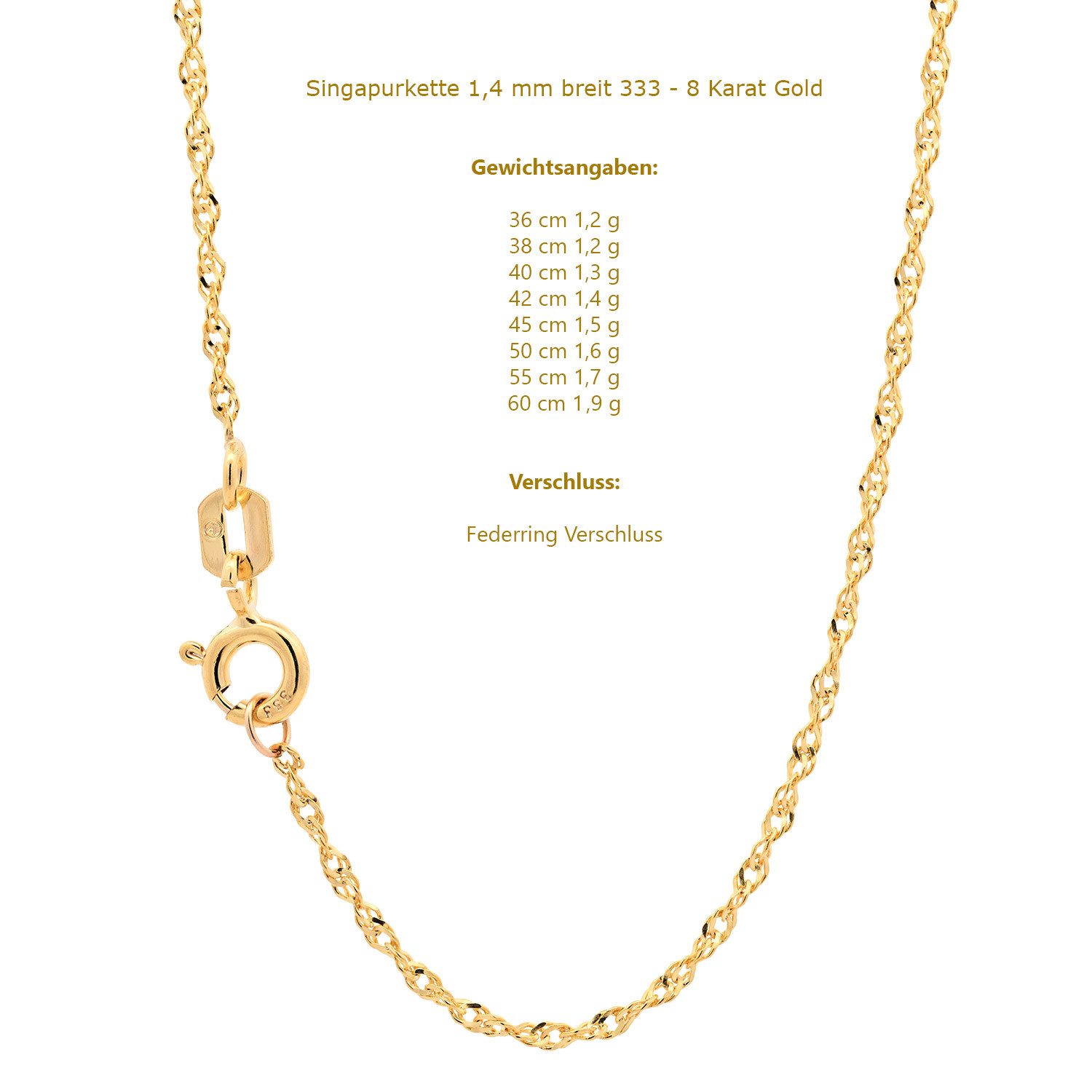 HOPLO Goldkette Goldkette Singapurkette Halskette Breite 1,4 mm 36 cm 333-8 Karat Gold, Made in Germany – Bild 2 von 5