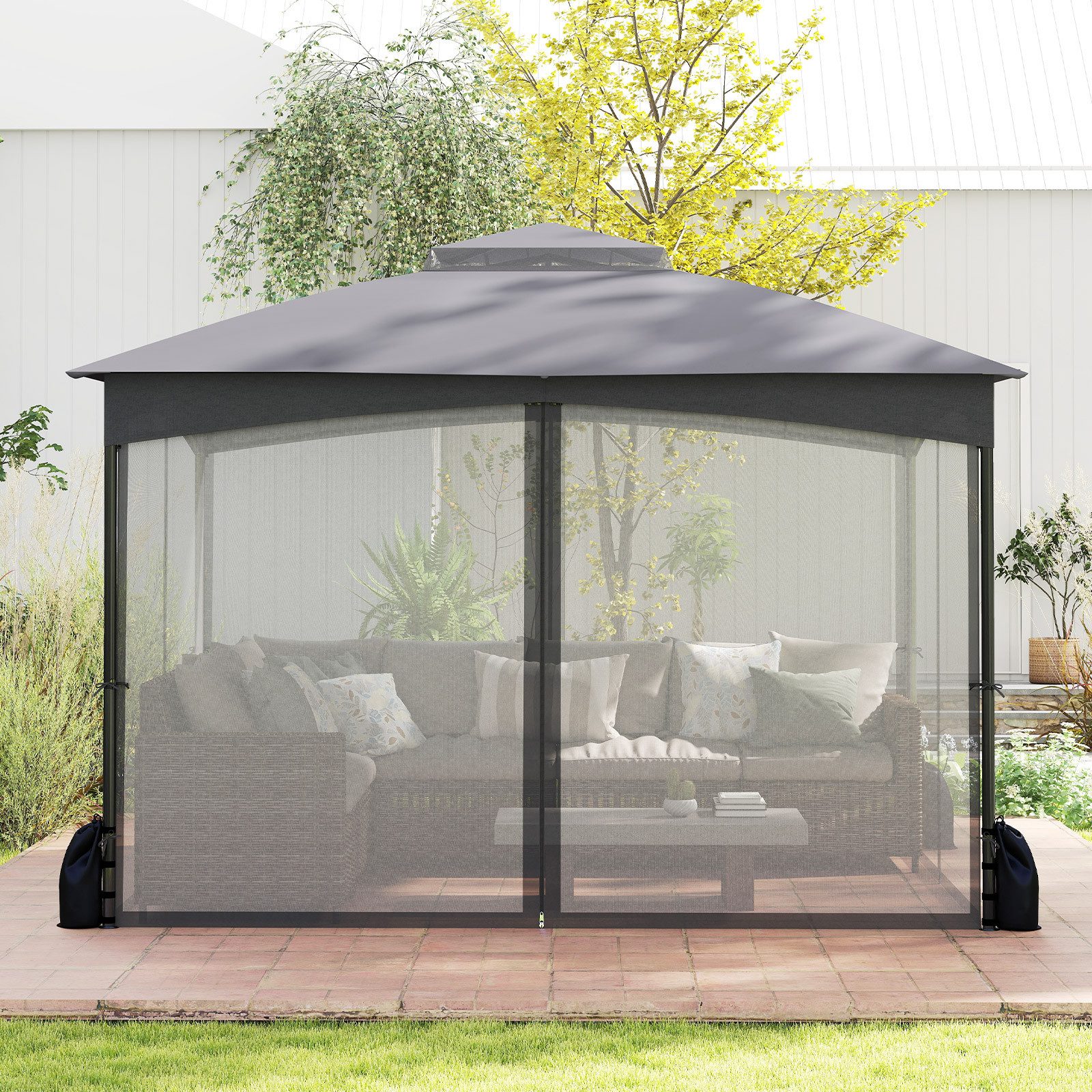 COSTWAY Faltpavillon, mit 4 Seitenteilen, Patio Zelt mit 4 Netz-Wänden, Doppel-Dachverdeck