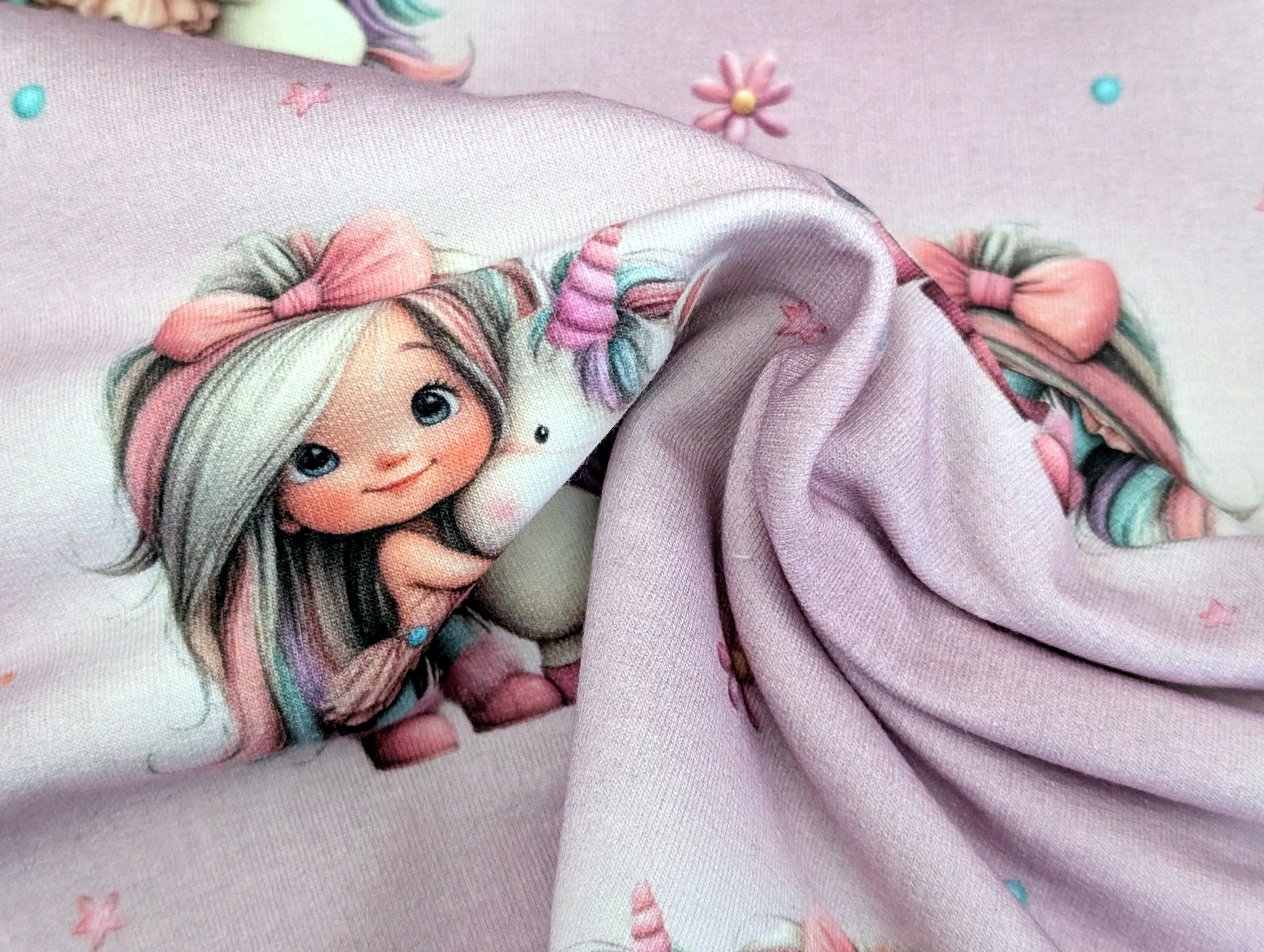 Corileo Stoff Eigenproduktion French Terry Rainbowgirl auf Meliert Rosa Stoff