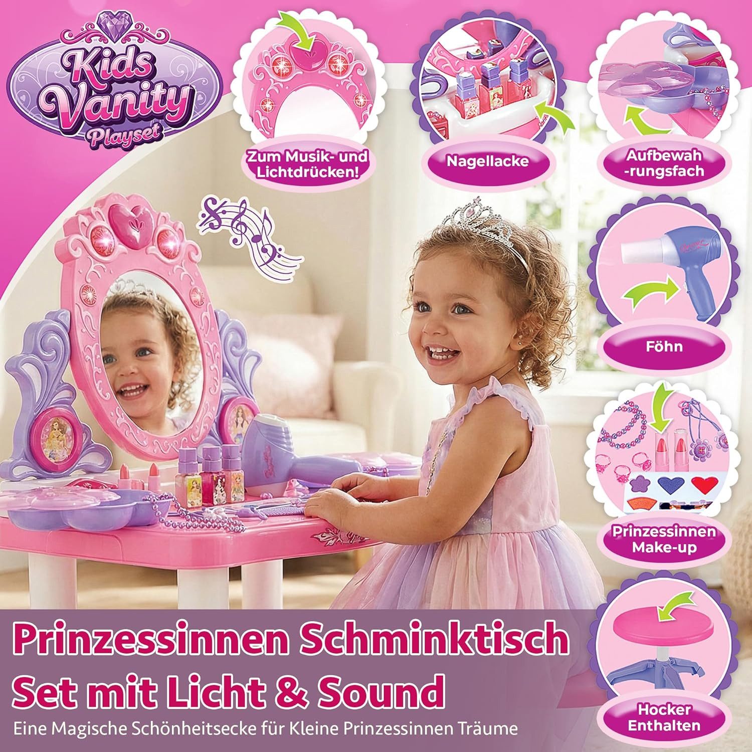 kinderplay Schminktisch Kinder Schminktisch mit Licht und Sound – Spielspaß mit Zubehör
