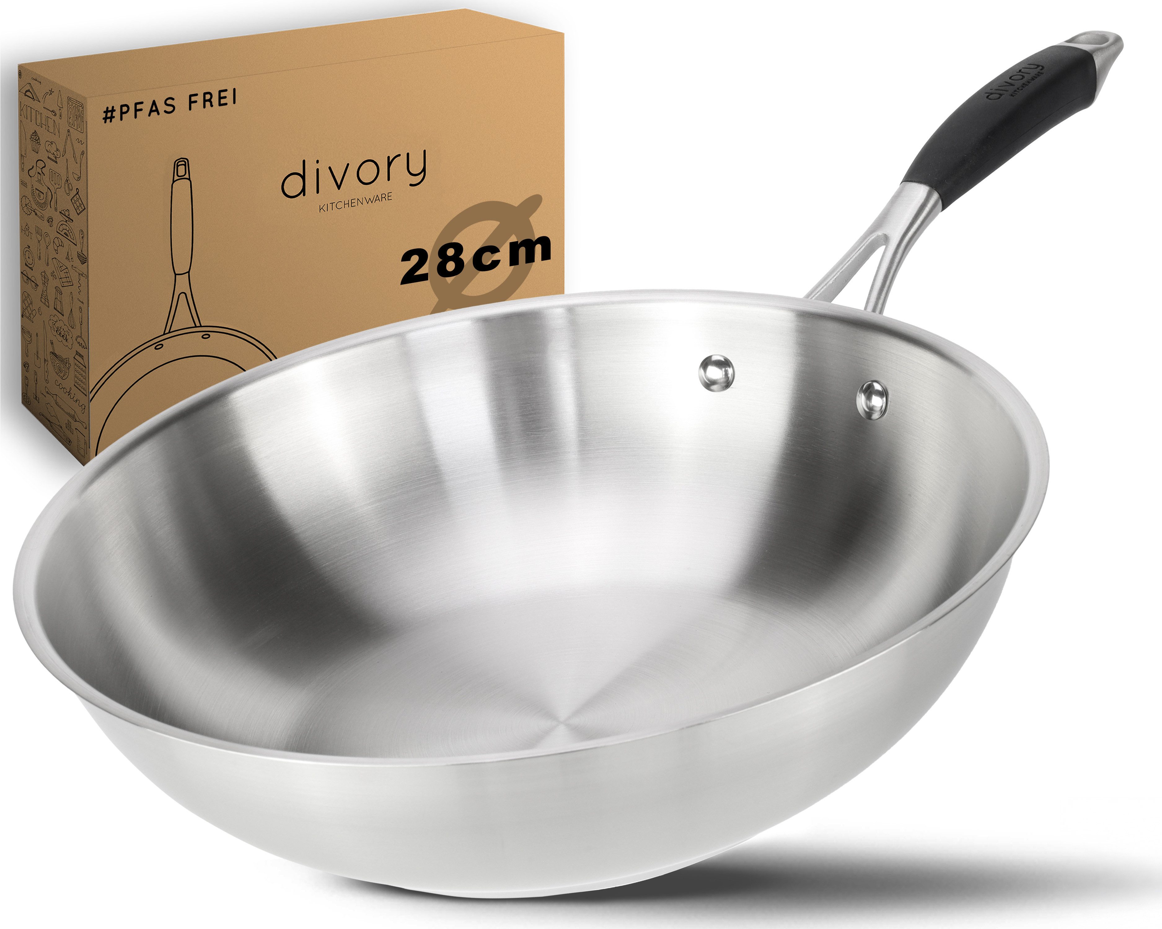 divory Wok Wokpfanne, Edelstahlpfanne unbeschichtet, Induktion (28 cm), Edelstahl
