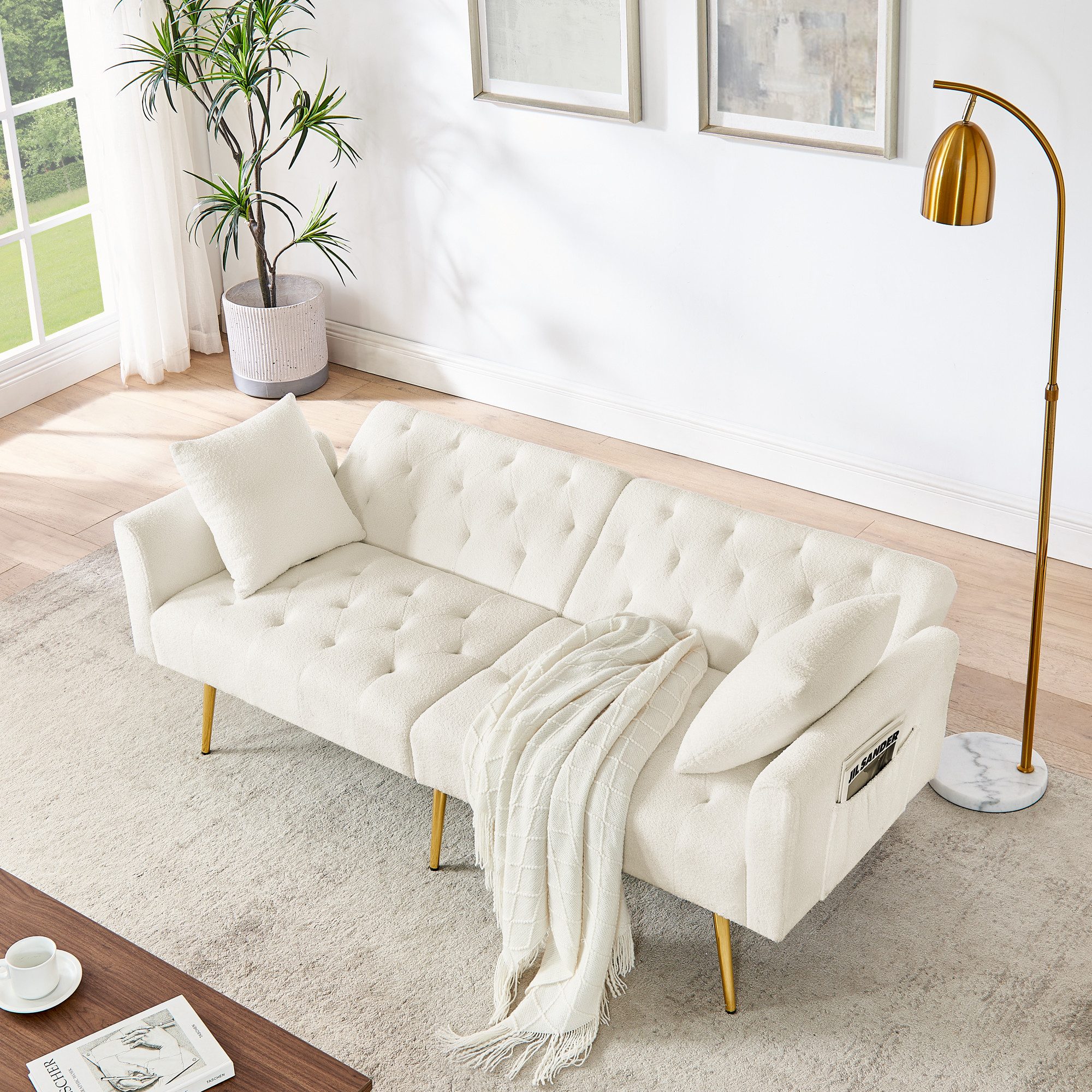 HAUSS SPOLE Schlafsofa aus Teddyfell-Bouclé,Zweiersofa Loungesofa mit 2 Kissen & Metallbeine, Set, für Wohnzimmer,Mietwohnung,kleines Apartment