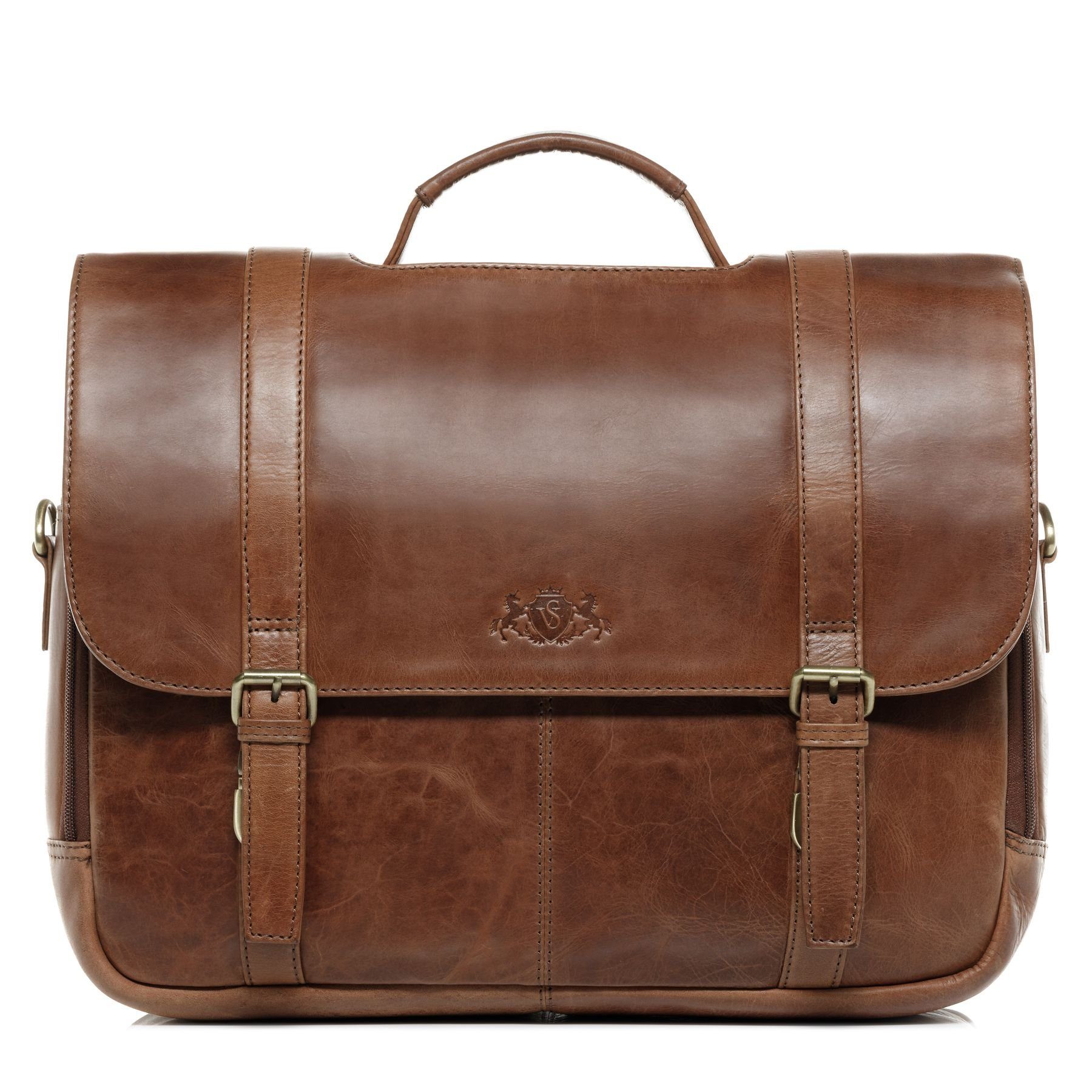 SID & VAIN Messenger Bag echt Leder Aktentasche 15 Zoll Laptop Fach braun, Laptoptasche 15,4 Zoll Echtleder, Businesstasche Herren braun
