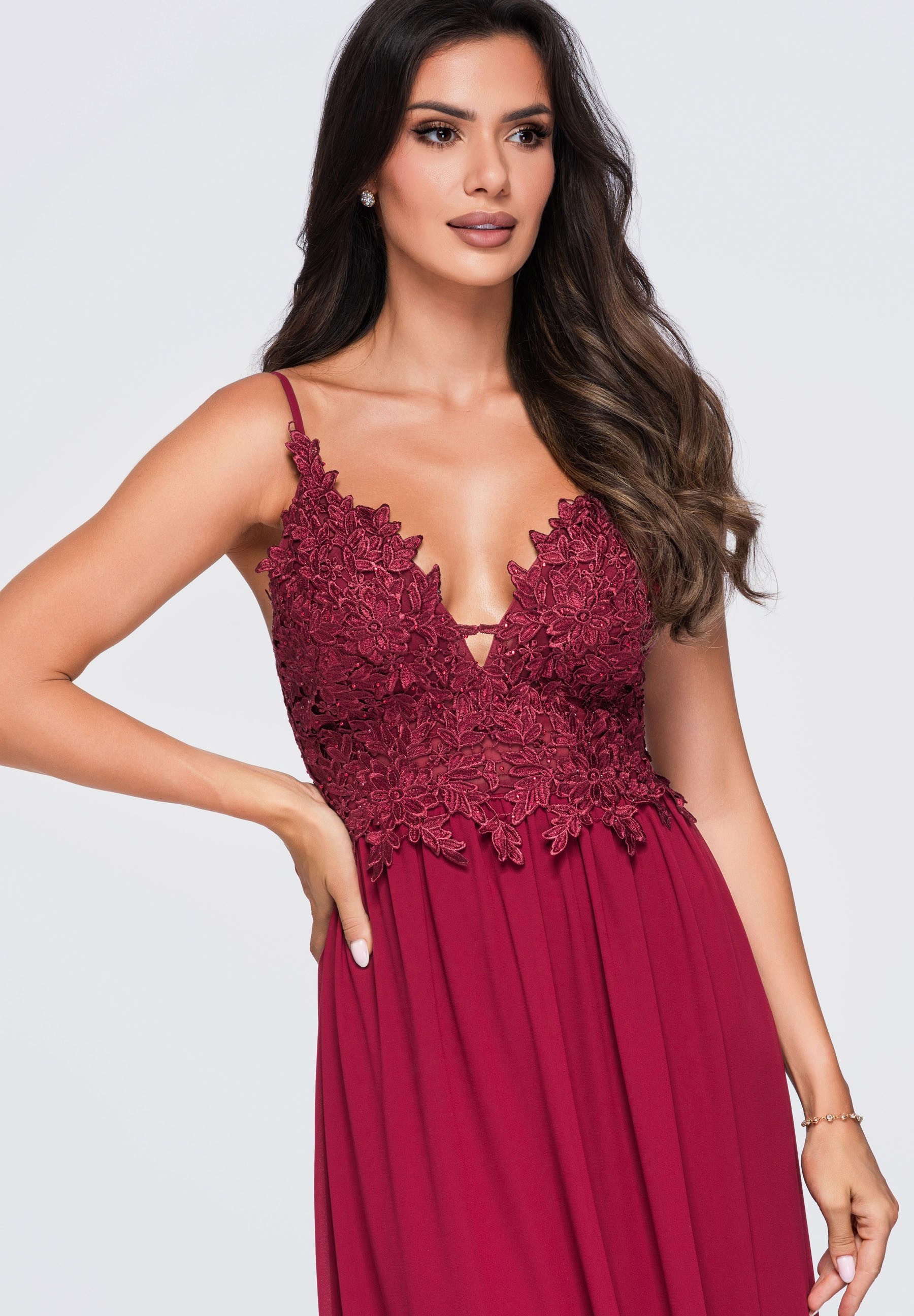 OMBRE Abendkleid Damen Abendkleid mit fließendem Schnitt Bordeaux S (kein Set, 1-tlg) Unterrock