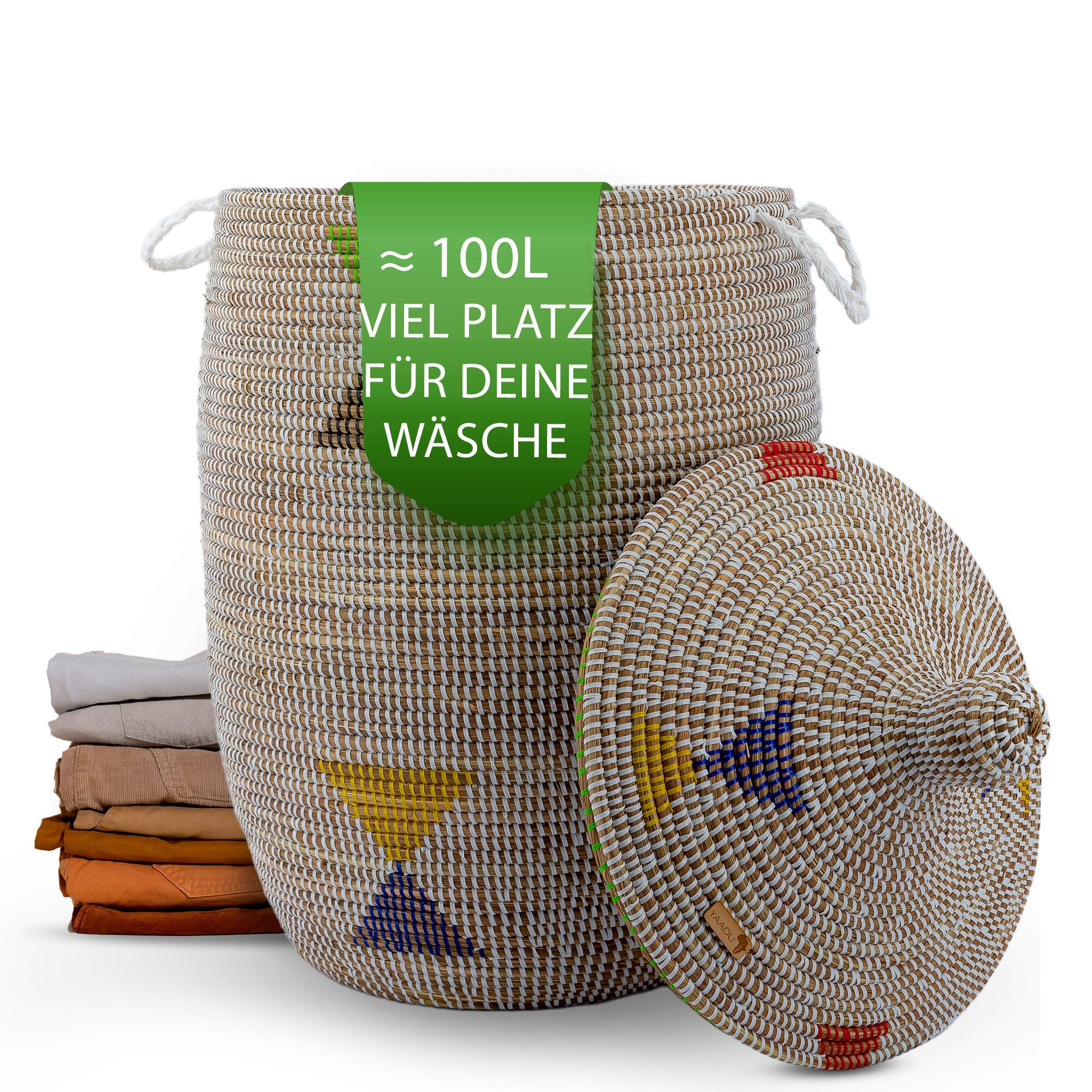 YAADU Wäschekorb mit Deckel 100L – Wäschesammler, Wäschetruhe, Aufbewahrungskorb, Handgefertigt in Afrika aus traditioneller Flechtkunst