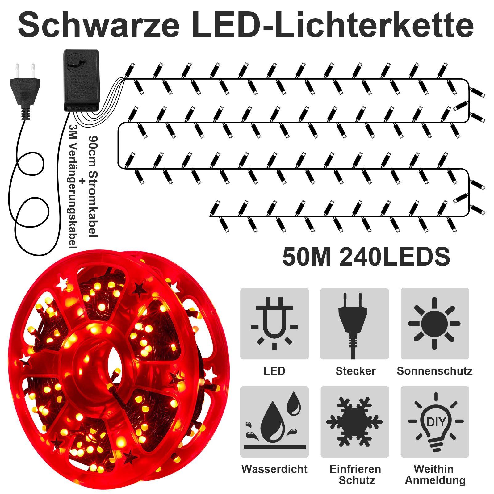 Rosnek LED-Lichterkette 50M, 240LEDs, 8 Rot Kabel, für Weihnachtsbaum schwarzes Deko, Modi, wasserdicht, Spulenverpackung Garten Speicherfunktion