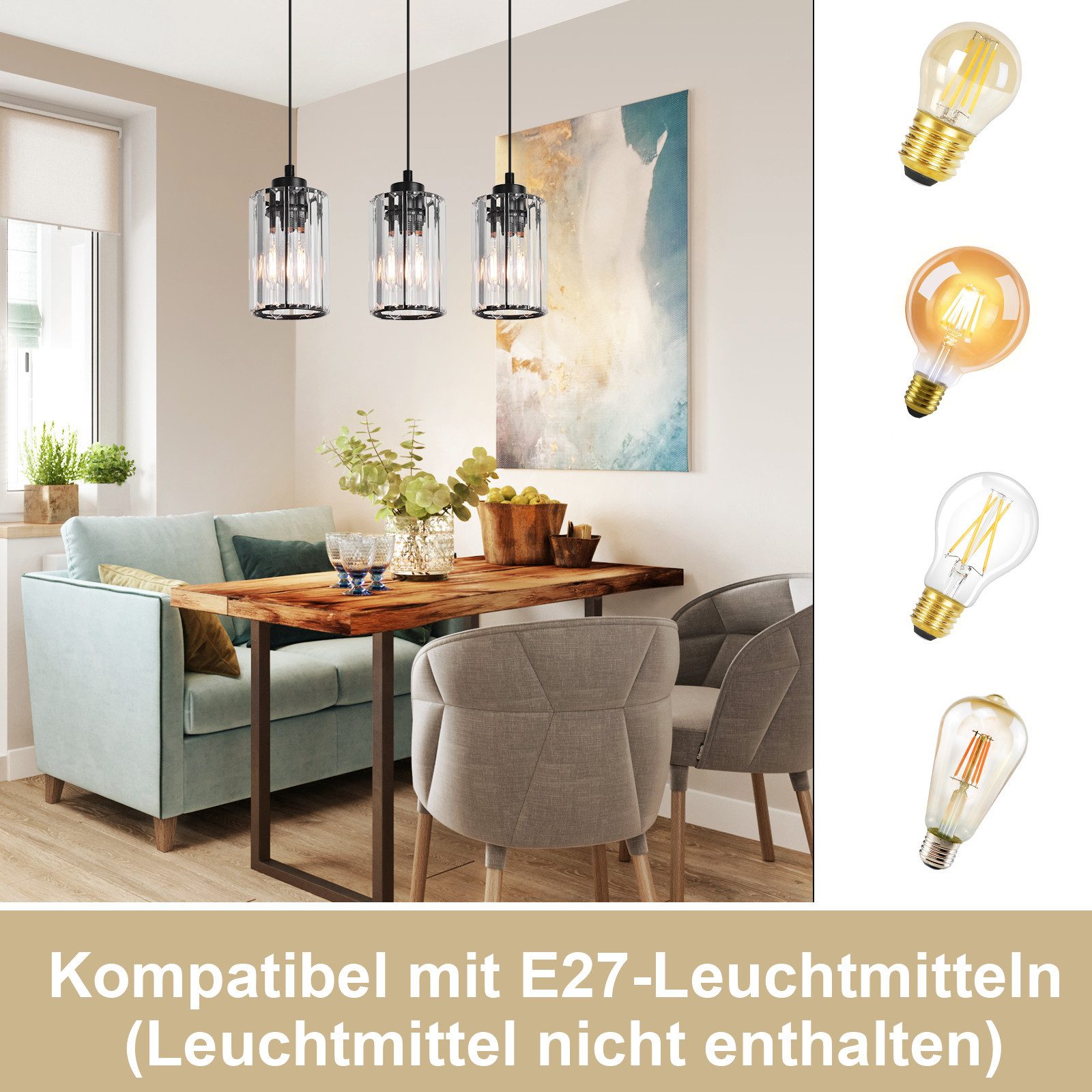 Nettlife Pendelleuchte Kristall Modern Wohnzimmer 3 Flammig E27 Schwarz Ess günstig online kaufen