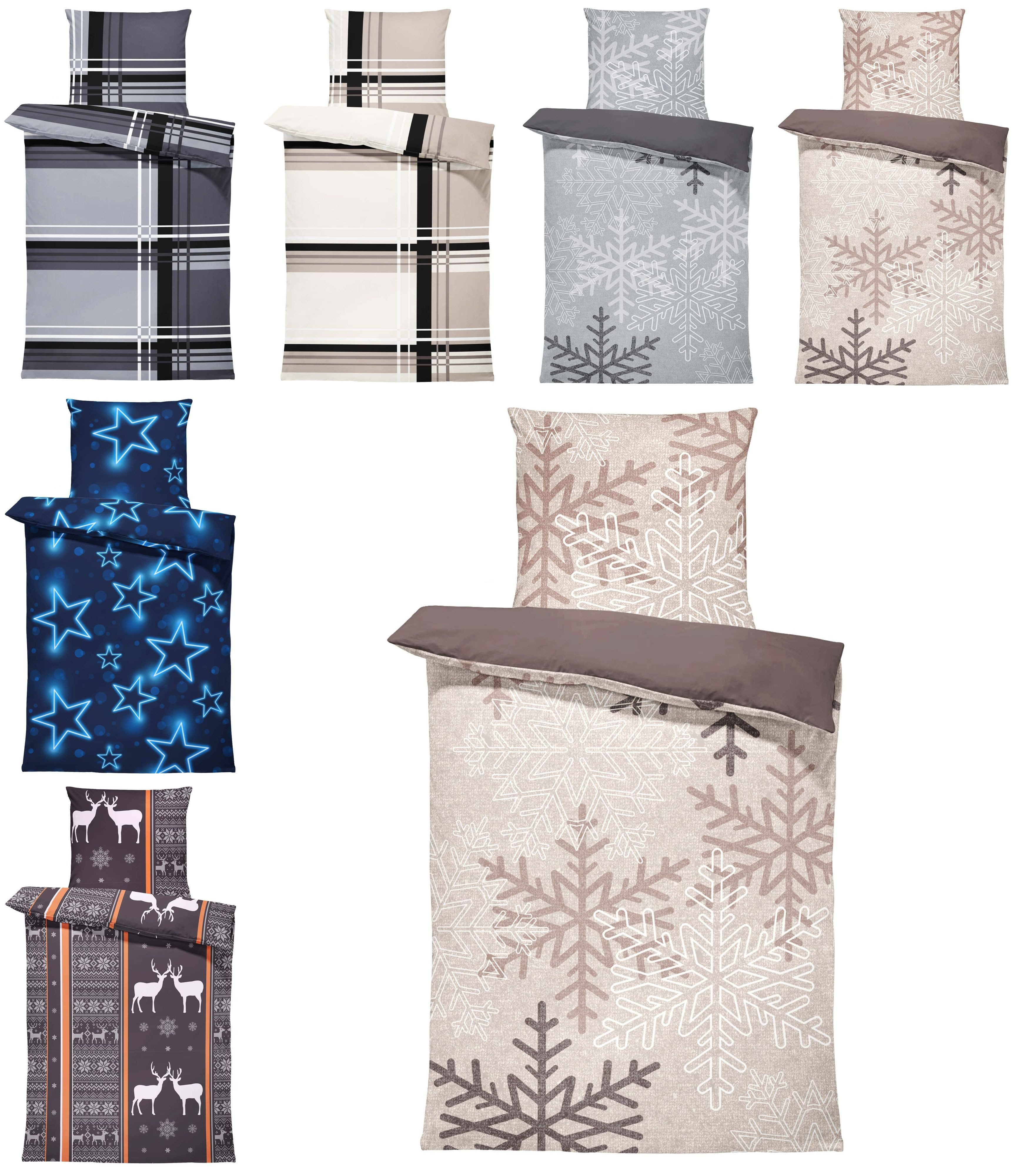One Home Постельное белье Winter, Biber, 4 teilig, Kristalle Schneeflocken, kuschelig flauschig warme weiche Baumwolle