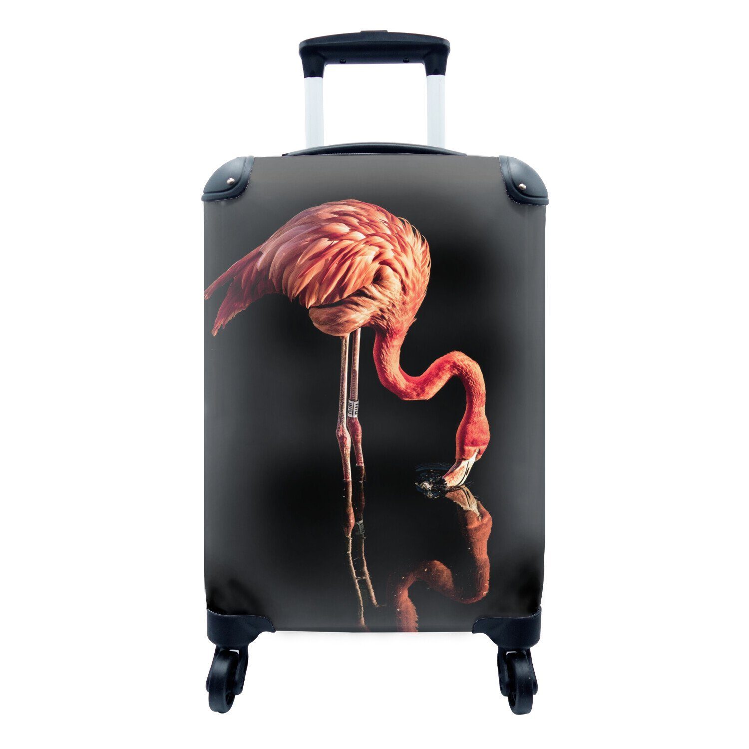 MuchoWow Handgepäckkoffer Reflexion eines Flamingos auf schwarzem Hintergrund, 4 Rollen, Reisetasche mit rollen, Handgepäck für Ferien, Trolley, Reisekoffer
