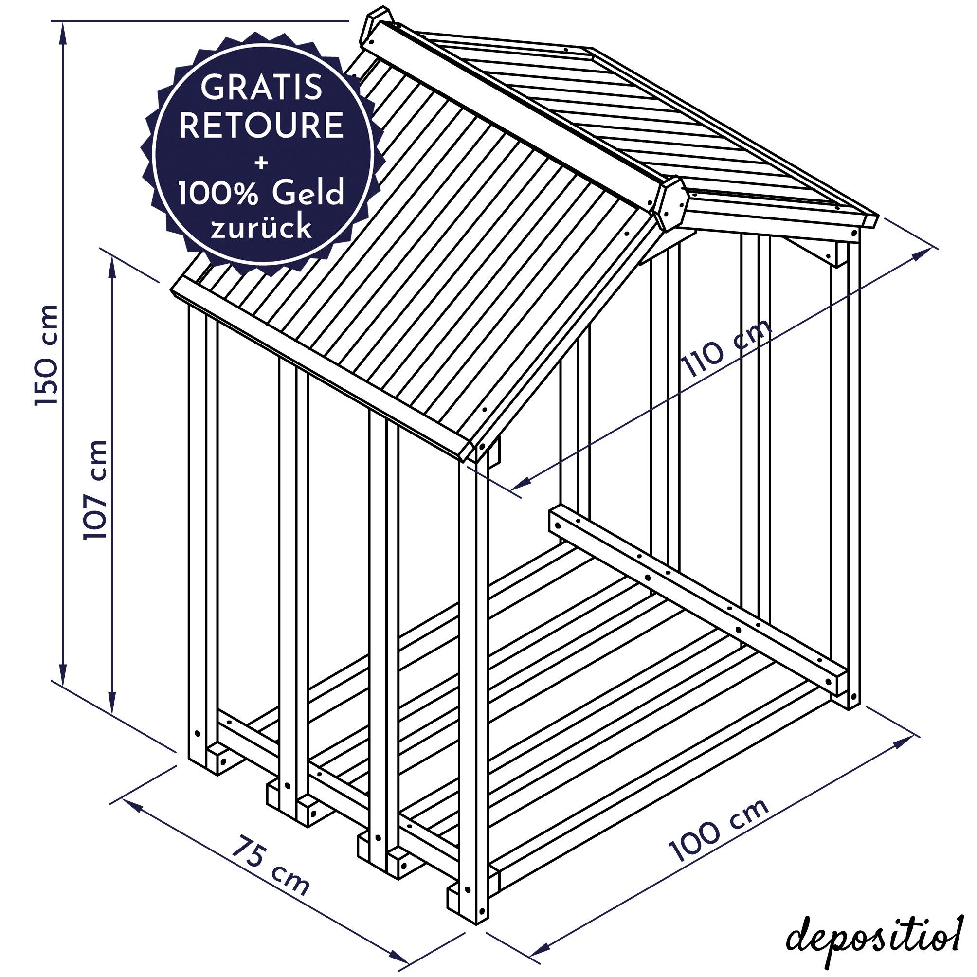 WONDERMAKE Kaminholzregal Holz mit Dach außen Brennholzregal Feuerholzregal Kaminholzunterstand, BxTxH:110x75x150 cm, Holzlager-Regal Kaminholzlager Brennholzla – Bild 5 von 5