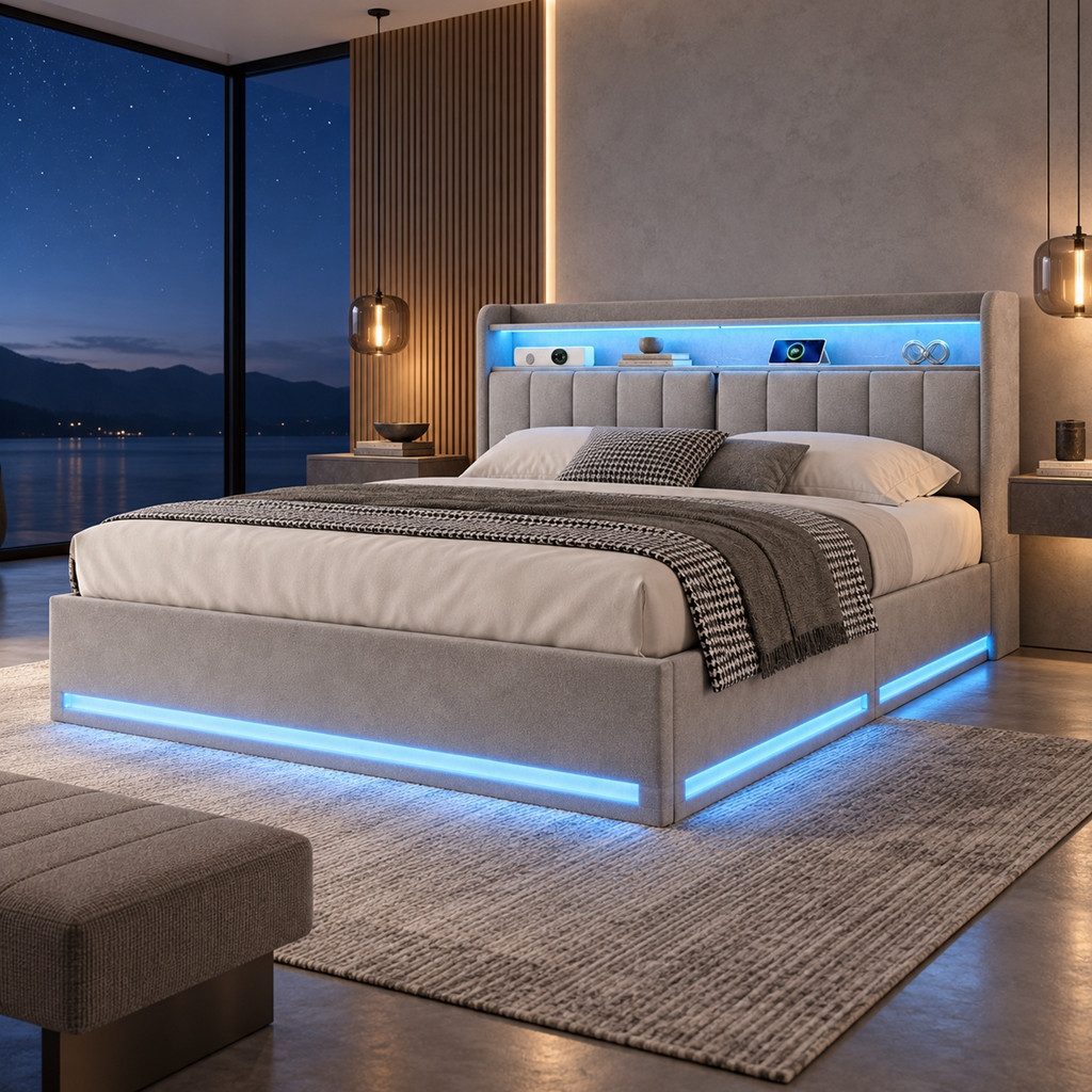 Simurq Polsterbett Bett 140x200 cm Stauraumbett mit LED Beleuchtung (1-tlg, USB + Type-C, Hydraulisches Bett mit Stauraum), Doppelbett, …