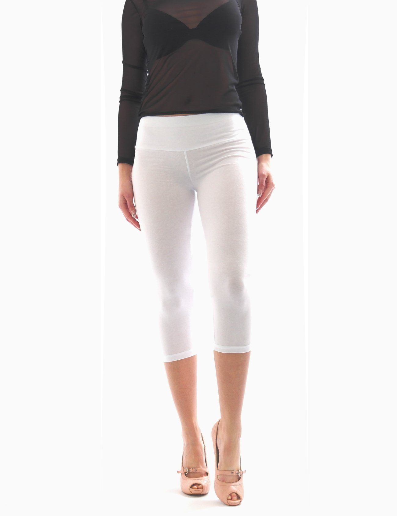 Damen mit Hose Leggings SYS Bund 3/4 Capri weiss Leggins Caprileggings Baumwolle Taschen hoher