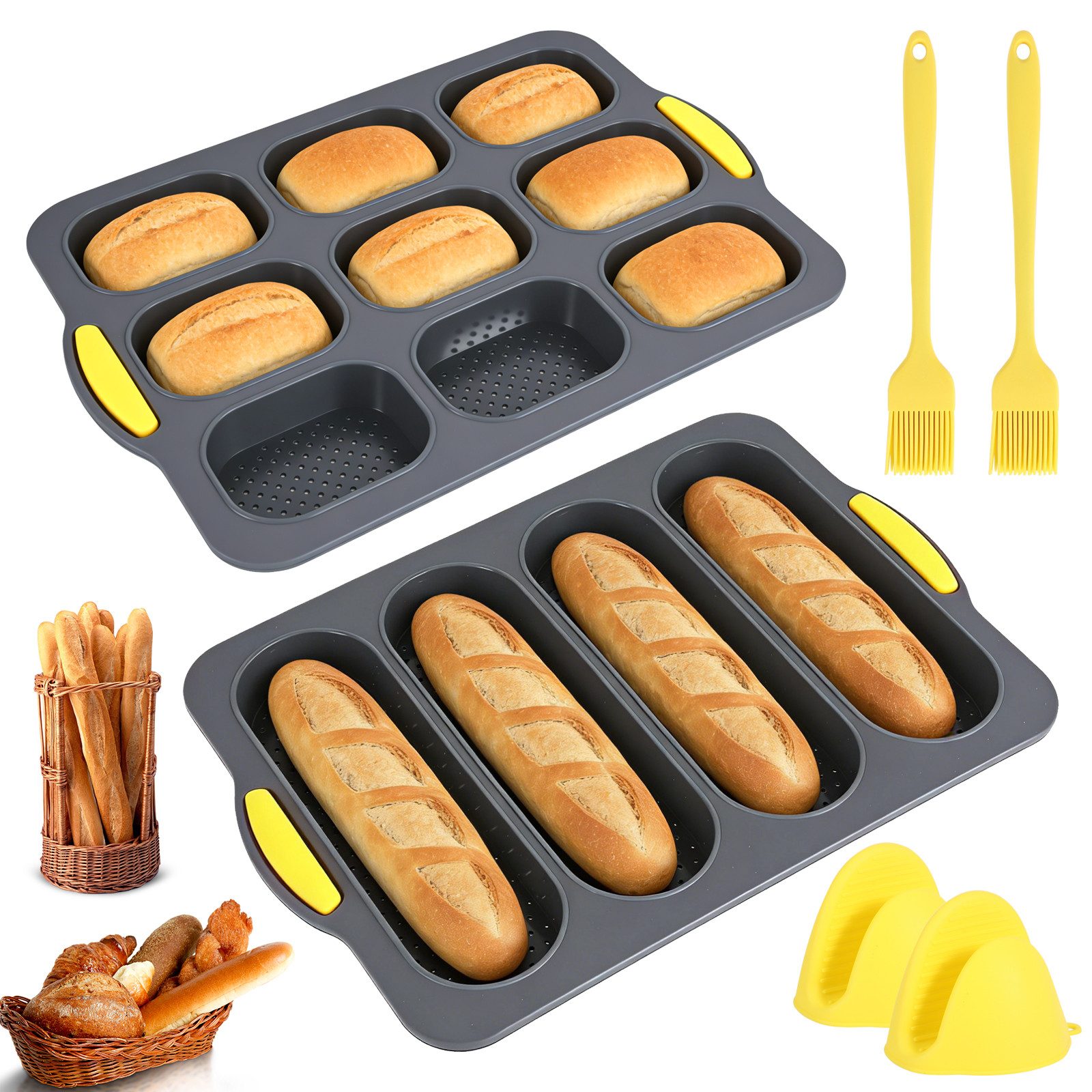 BlingBin Silikonform 2 Stück Brotbackform, 4/9 Hohlräume Antihaft Brötchen Backform, (6er Set 2-tlg), Silikon Baguetteblech mit Isolationshandclip und Ölpinsel für Brot