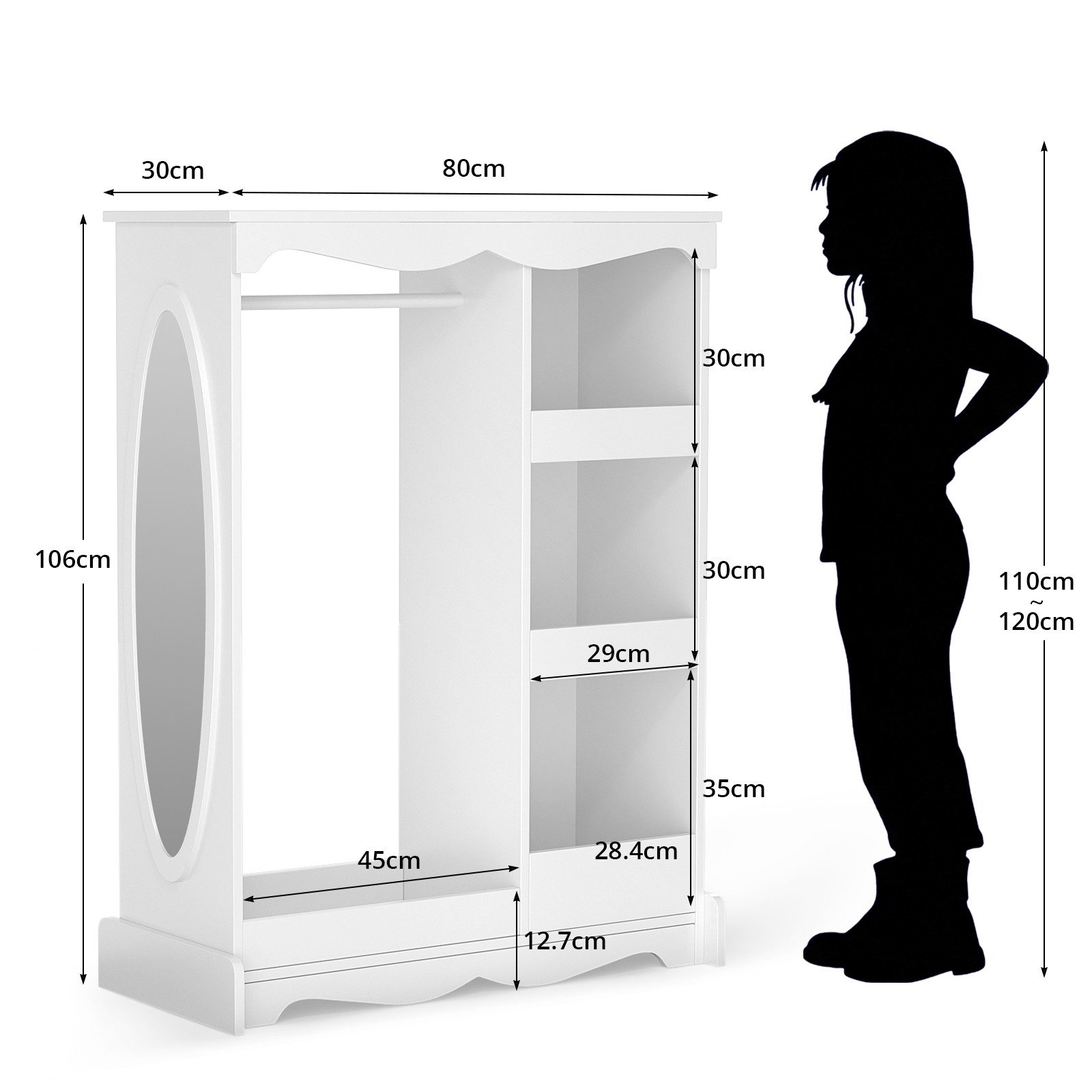VOWNER Kinderkleiderschrank mit Spiegel, Kleiderstange und Regalen für Kinderzimmer (1-St) Kindergarderobe aus Spanplatte, 80 x 30 x 106 cm
