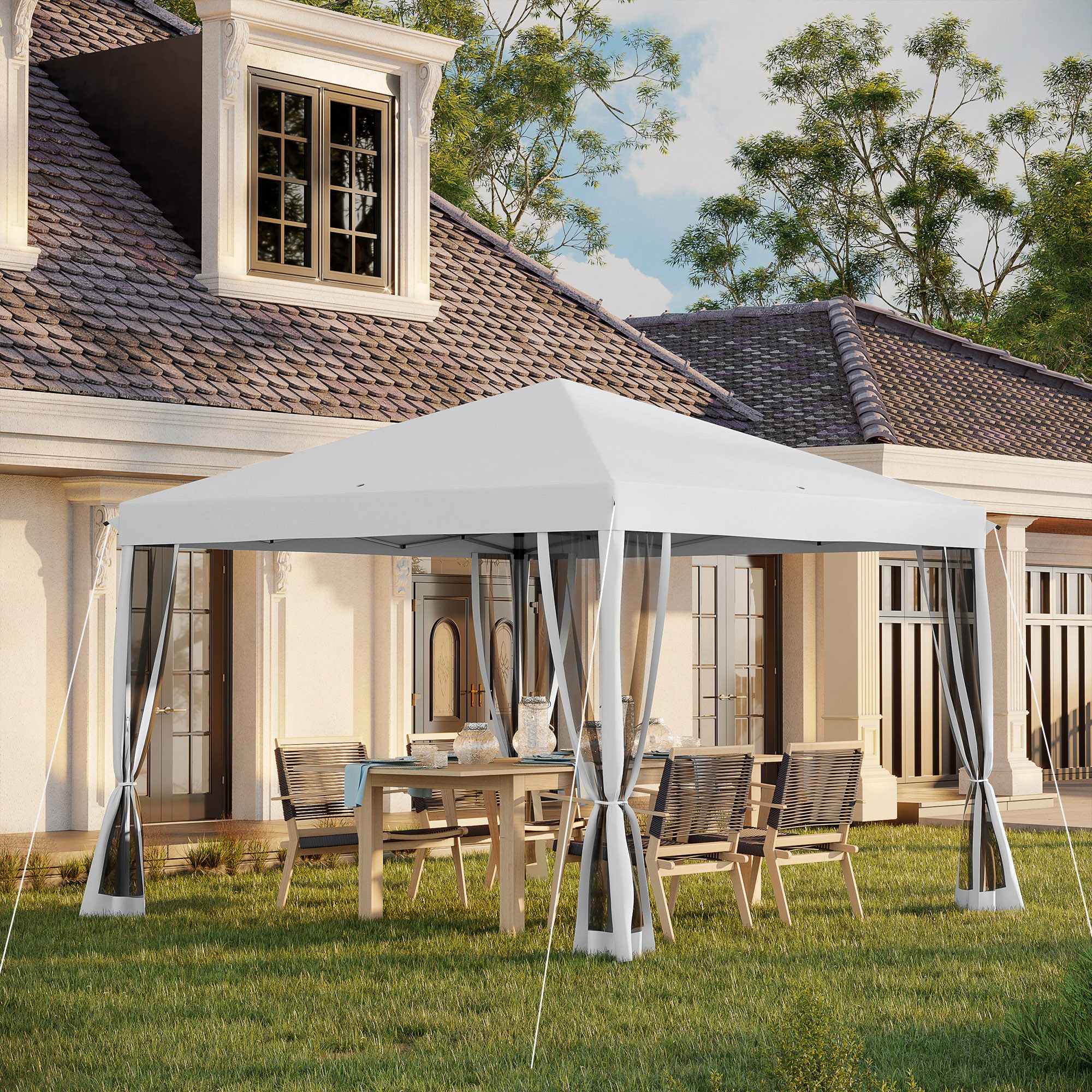 Outsunny Faltpavillon ca.3x3m, wasserabweisend, winterfest mit UV Schutz, mit 4 Seitenteilen, (Pop-up Pavillon, Partyzelt), mit 4 Seitenteilen, Tasche, für Camping, Garten, Cremeweiß