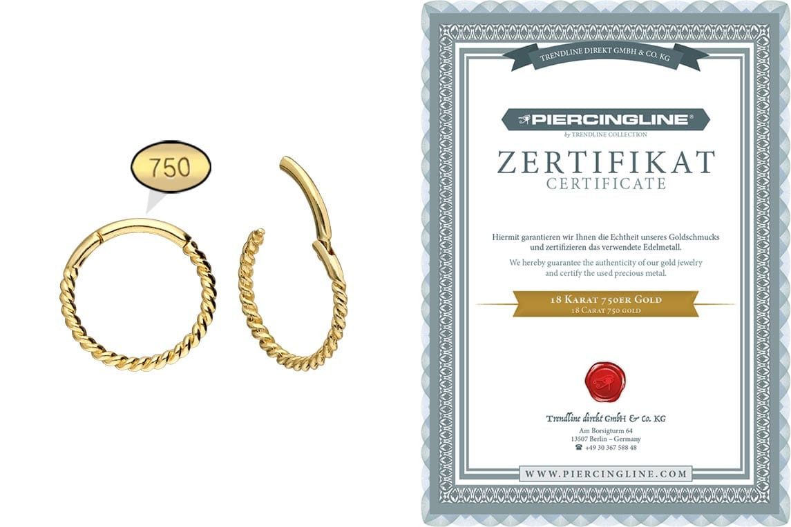 PIERCINGLINE Nasenpiercing 18 Karat Gold Segmentring Clicker GEDREHT Ohrpiercing Septum Nase (Clicker, 1-tlg), Ohrpiercing für Conch, Helix, Tragus, Daith, Lobe