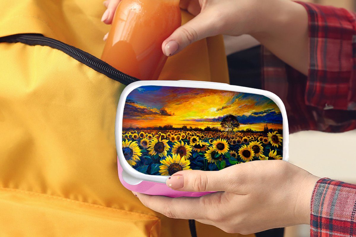 Sonnenblume, Brotdose Snackbox, MuchoWow - Kunststoff, Kinder, (2-tlg), - Erwachsene, Gemälde Kunststoff Ölfarbe rosa für Mädchen, Lunchbox - Brotbox Blumen