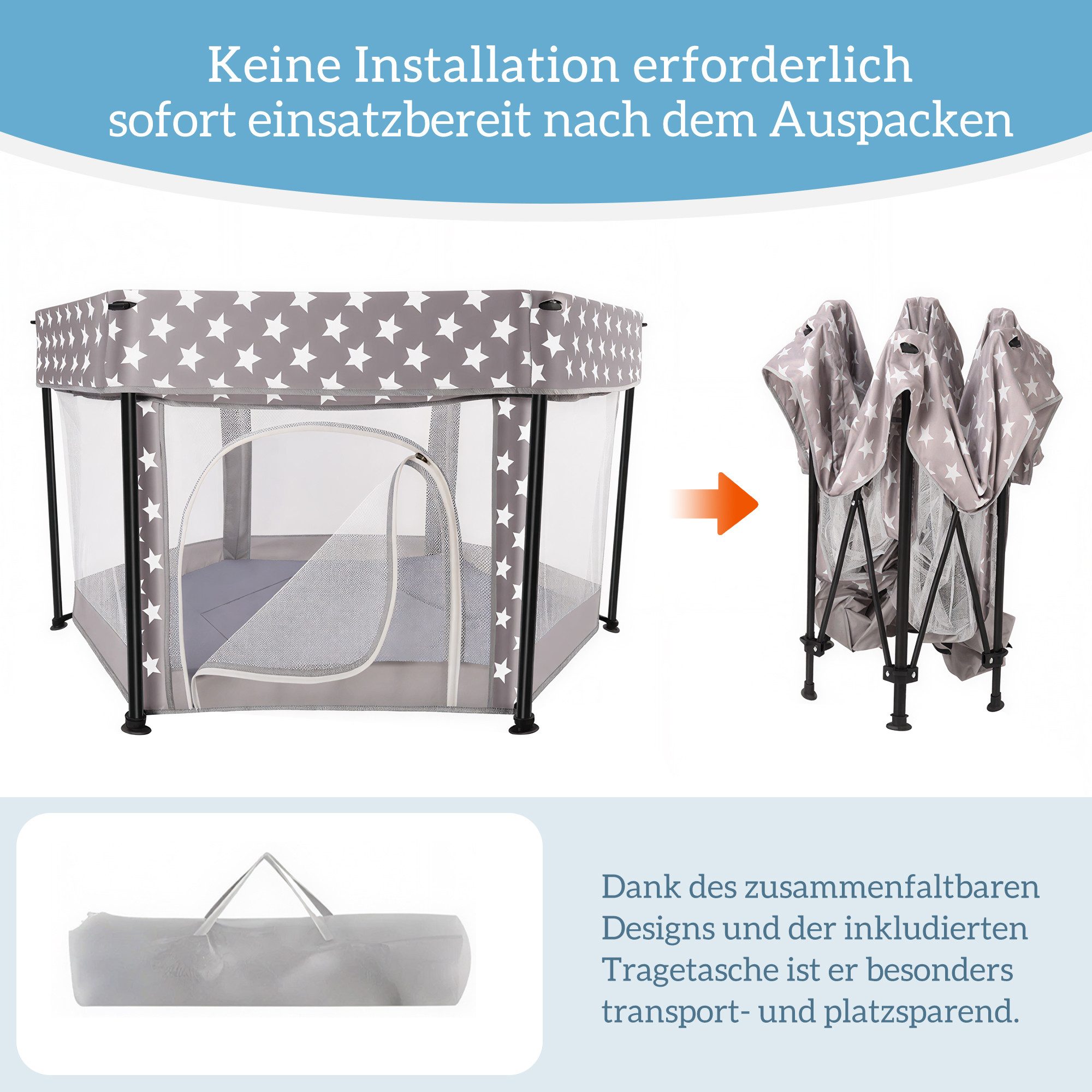 SEHAUSEU Laufgitter Laufstall baby zusammenfaltbar Krabbelgitter mit Spielmatte, mit Ozeanbällen, Tragetasche, Stehender Zugring