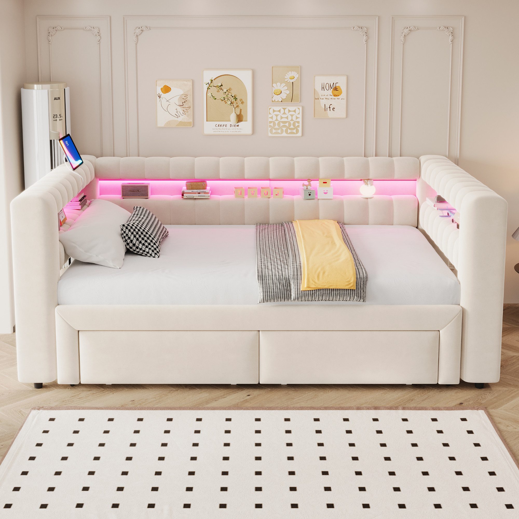 Merax Daybett 90x190cm/180x190cm mit Ausziehbett, 2 Schubladen, Ablagefach, Stauraum (Tagesbett Sofabett Schlafsofa Jugendbett Kinderbett, 1 tlg), Polsterbett m – Bild 4 von 5