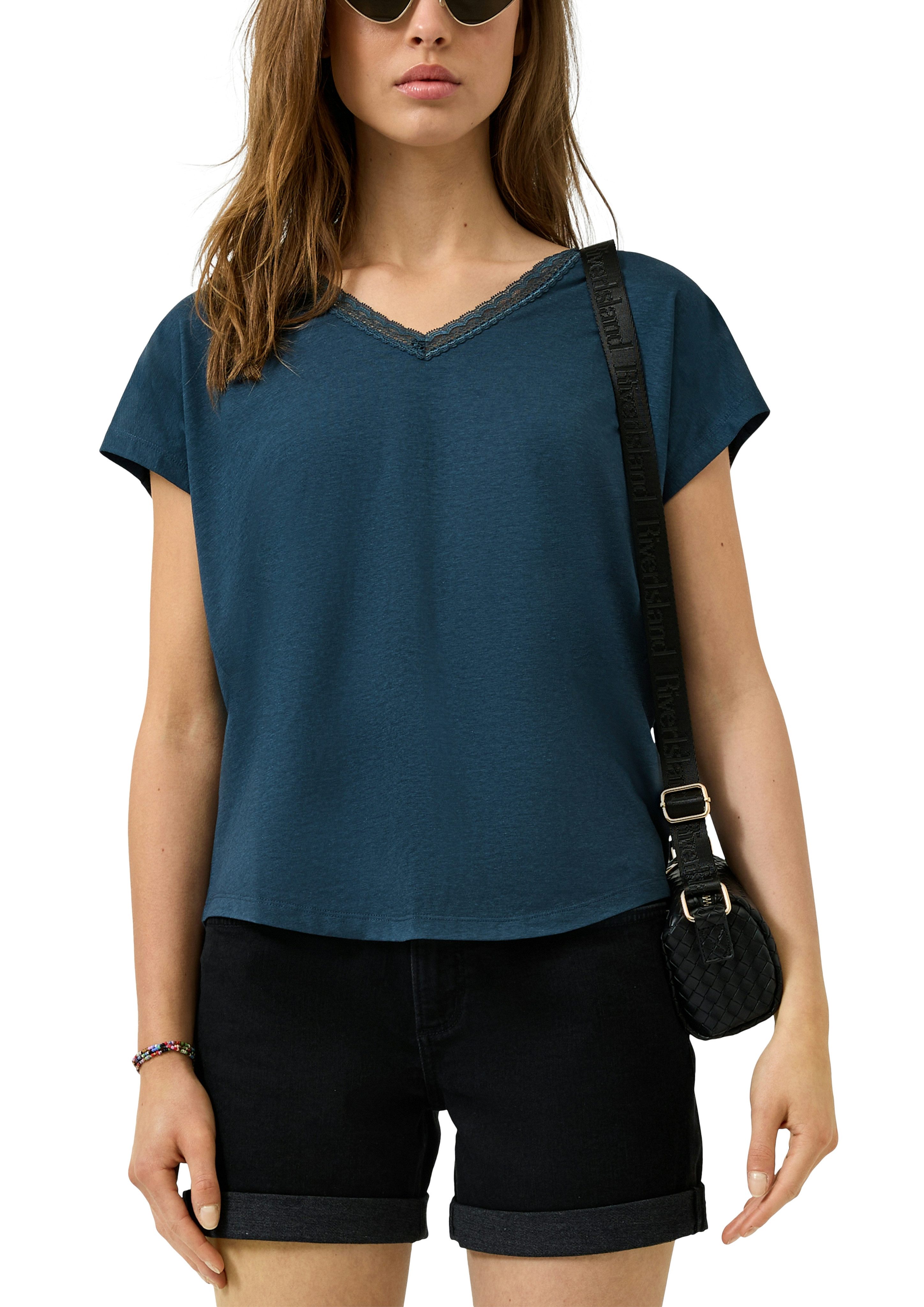 QS Kurzarmshirt mit V-Ausschnitt und Spitze