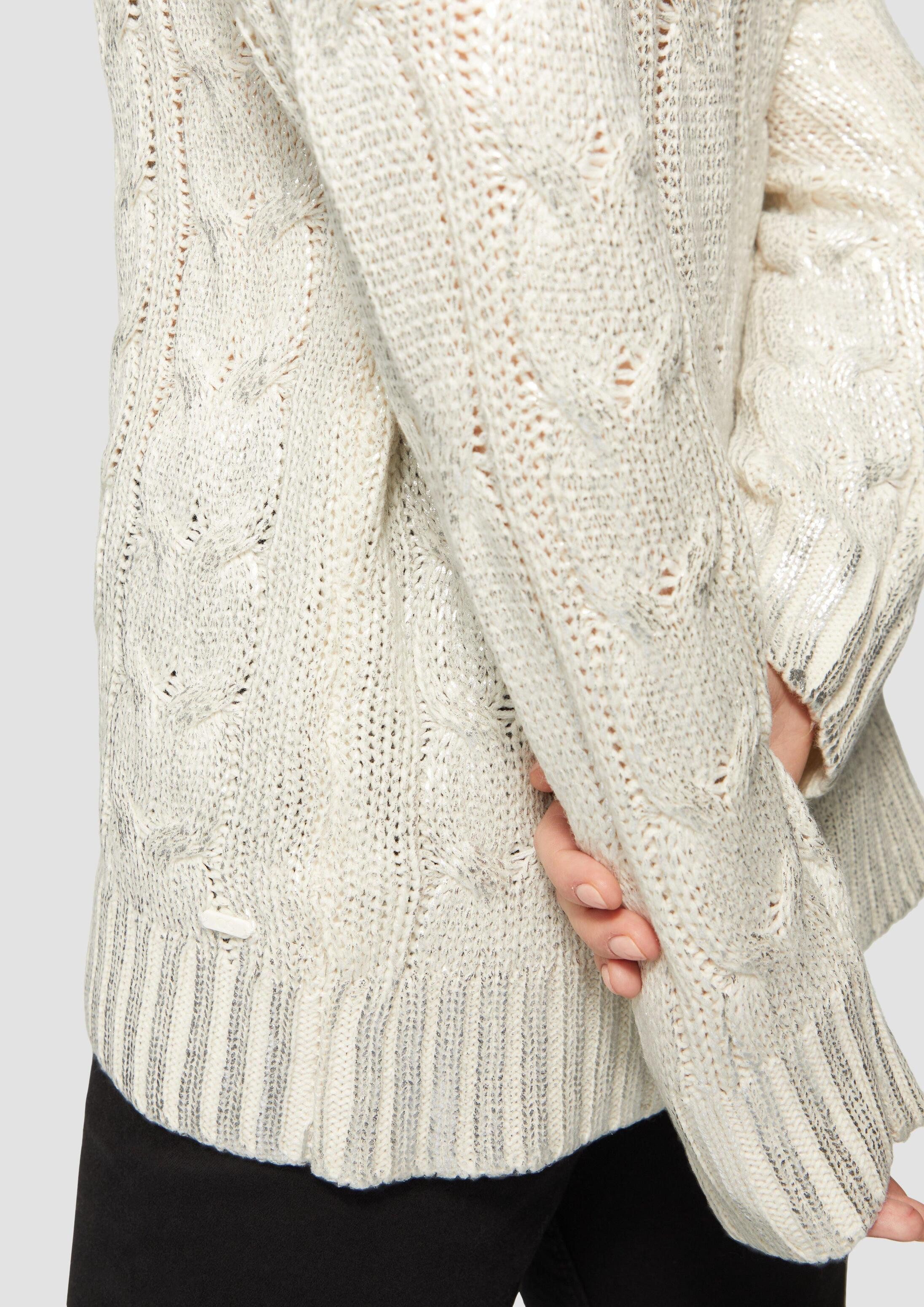 QS Longpullover Strickpullover Oversize Pullover mit Zopfmuster und All-over-Print