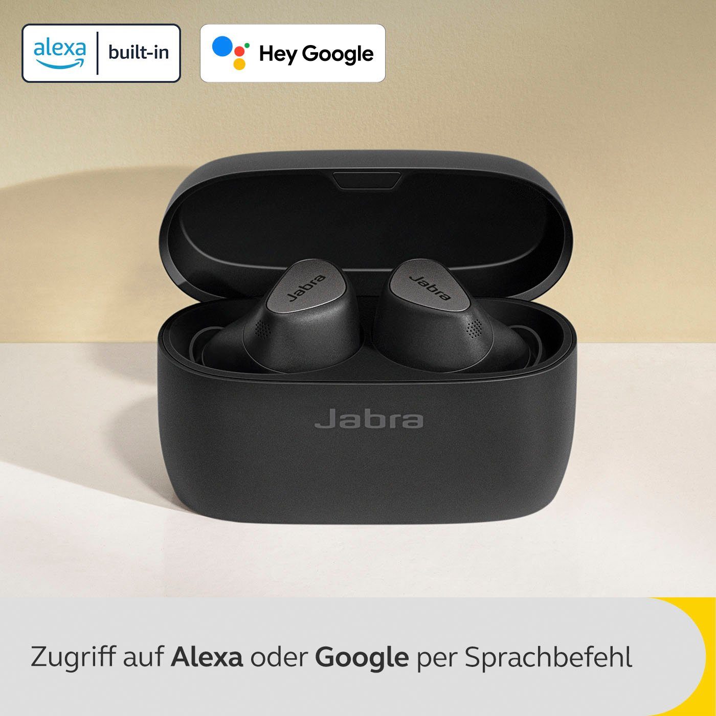 Jabra Elite 5 mit Assistant, wireless hybrider Noise (ANC), Alexa, (ANC) aktiver Siri, Google (Active Cancelling Bluetooth, In-Ear-Kopfhörer Schwarz/silberfarben Geräuschunterdrückung