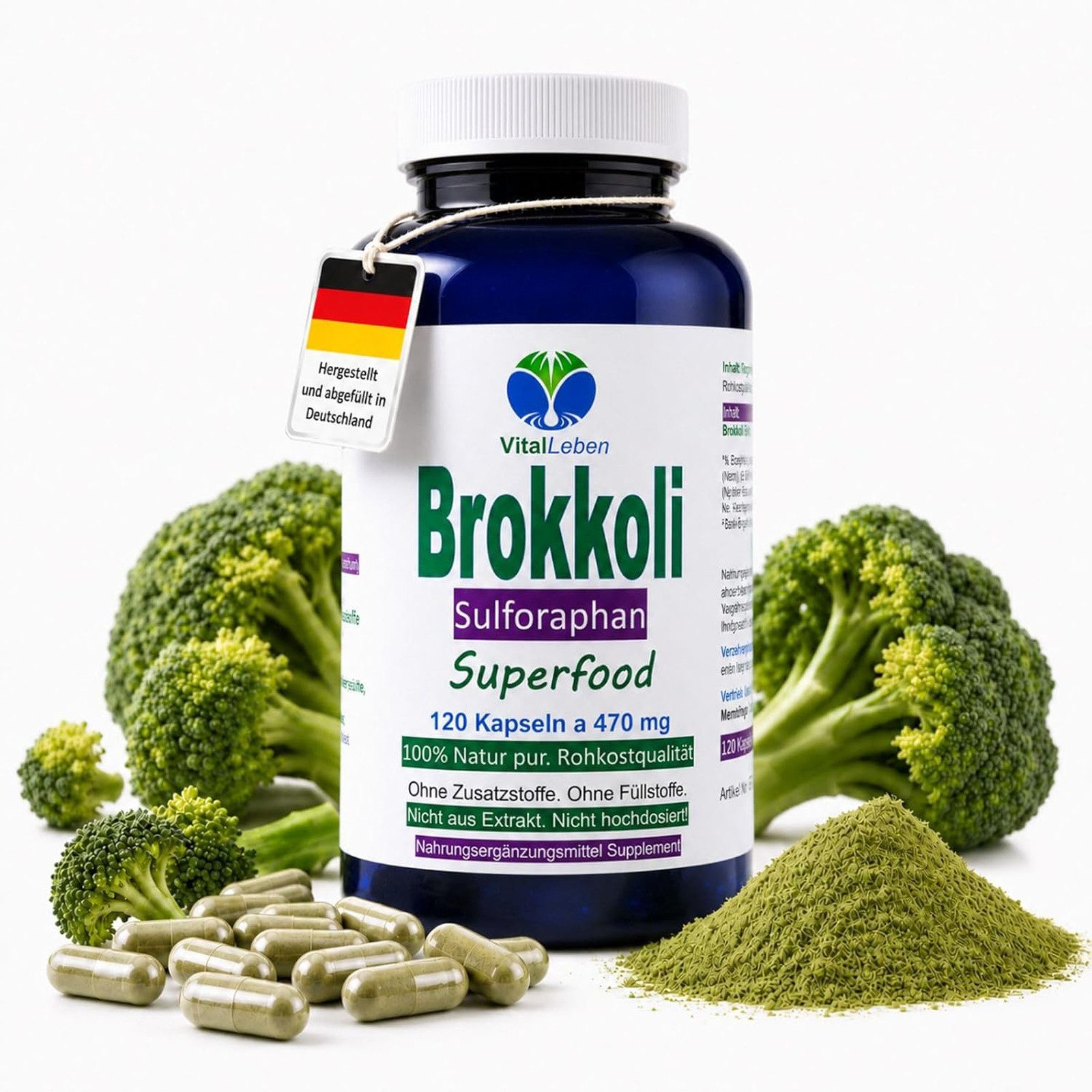VitalLeben Brokkoli – Naturrein mit Sulforaphan & Indol-3-Carbinol Kapseln, 1 er Dose à 120 St., 56,4 g, Art. 26820-120