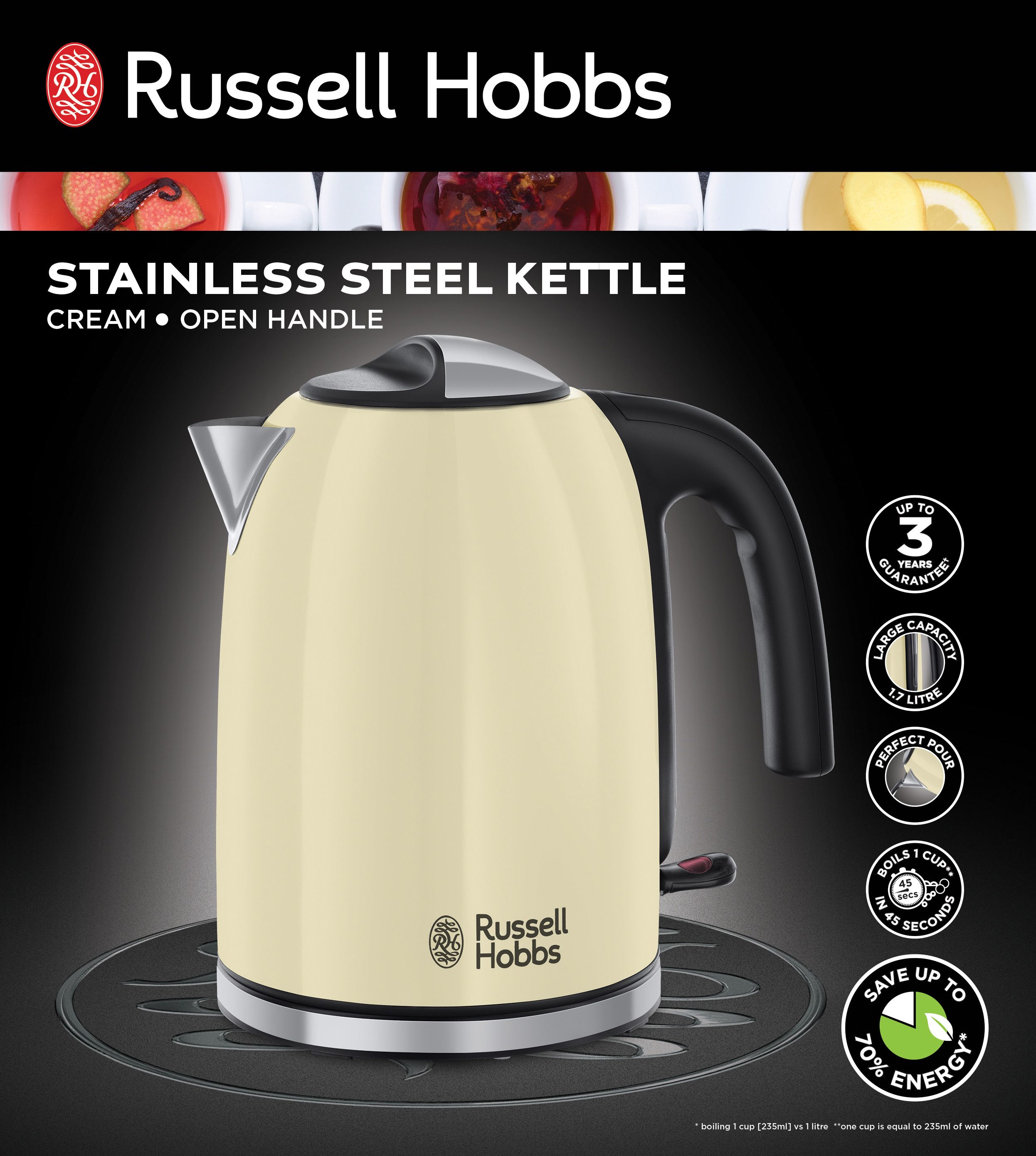 RUSSELL HOBBS Wasserkocher Colours+ 20415-70, 1,7 l, 2400 W, Edelstahl Creme, herausnehmbarer Kalkfilter, optimierte Ausgusstülle