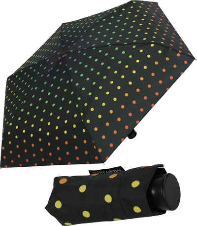 HAPPY RAIN Taschenregenschirm winziger Regenschirm mit Handöffner für Damen, mit Regenbogen-farbenen Punkten auf Schwarz