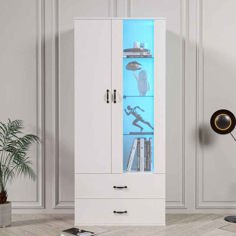 Odikalo Eckschrank Vitrine 16-LED Standregal Wohnzimmerschrank Wohnwände Hochregal Weiß