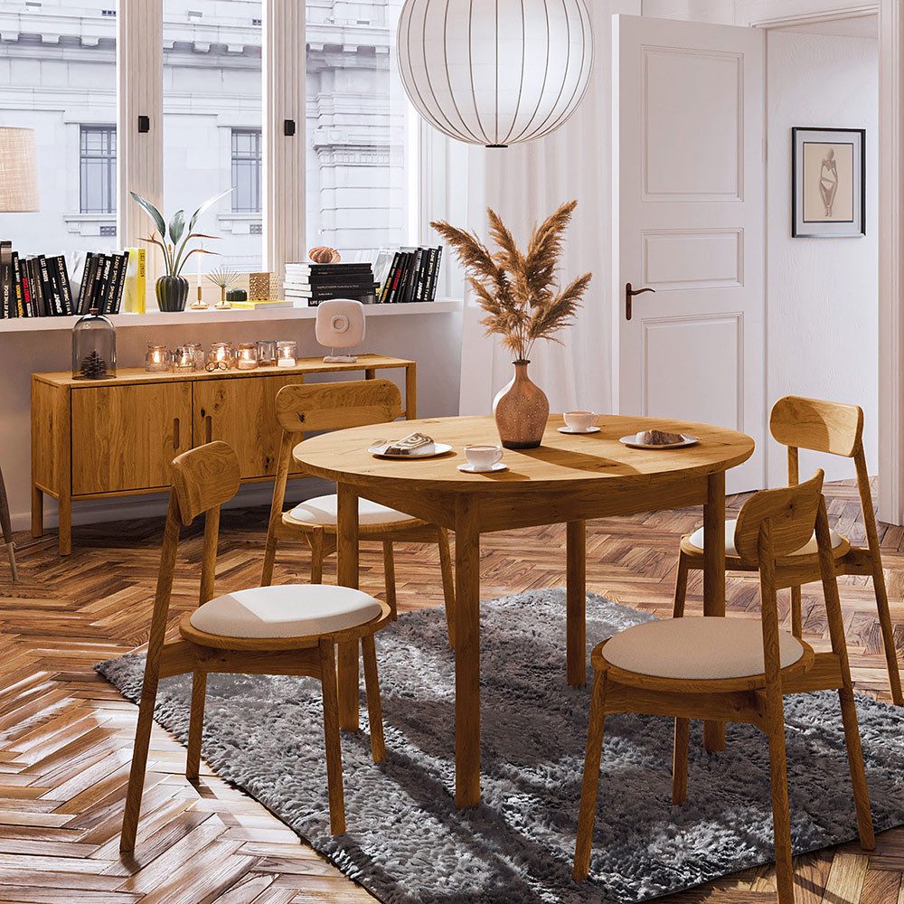 Lomadox Esszimmer-Set PORI-165, (Spar-Set, 6-St., Sideboard Стулья runder ausziehbarer Esstisch), Wildeiche massiv geölt, Echtholz/Massivholz