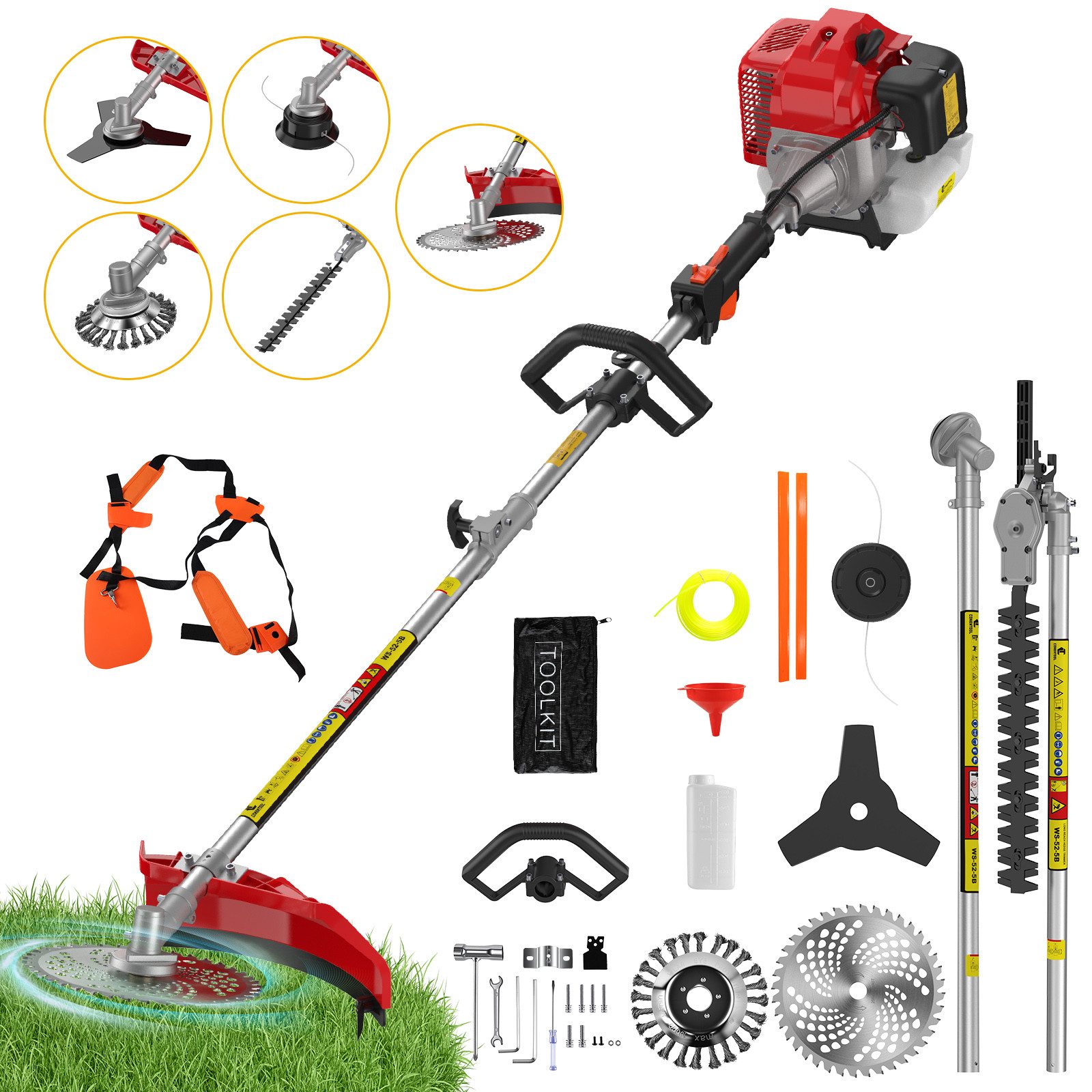 CONENTOOL Benzin-Motorsense 52ccm, 2,5kW Benzin Rasentrimmer, 25.5 cm Arbeitsbreite Messer, 43 cm Arbeitsbreite Faden, mit Schultergurt, Multifunktions-Heckenschere & Motorsense