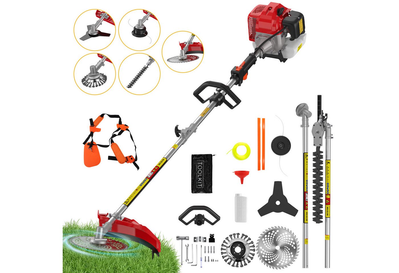 CONENTOOL Benzin-Motorsense 52ccm, 2,5kW Benzin Rasentrimmer, 25.5 cm Arbeitsbreite Messer, 43 cm Arbeitsbreite Faden, mit Schultergurt, Multifunktions-Heckenschere & Motorsense