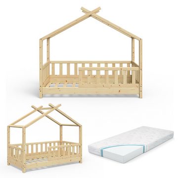 VitaliSpa® Kinderbett Kinderhausbett mit Zaun 70x140cm DESIGN Natur Matratze