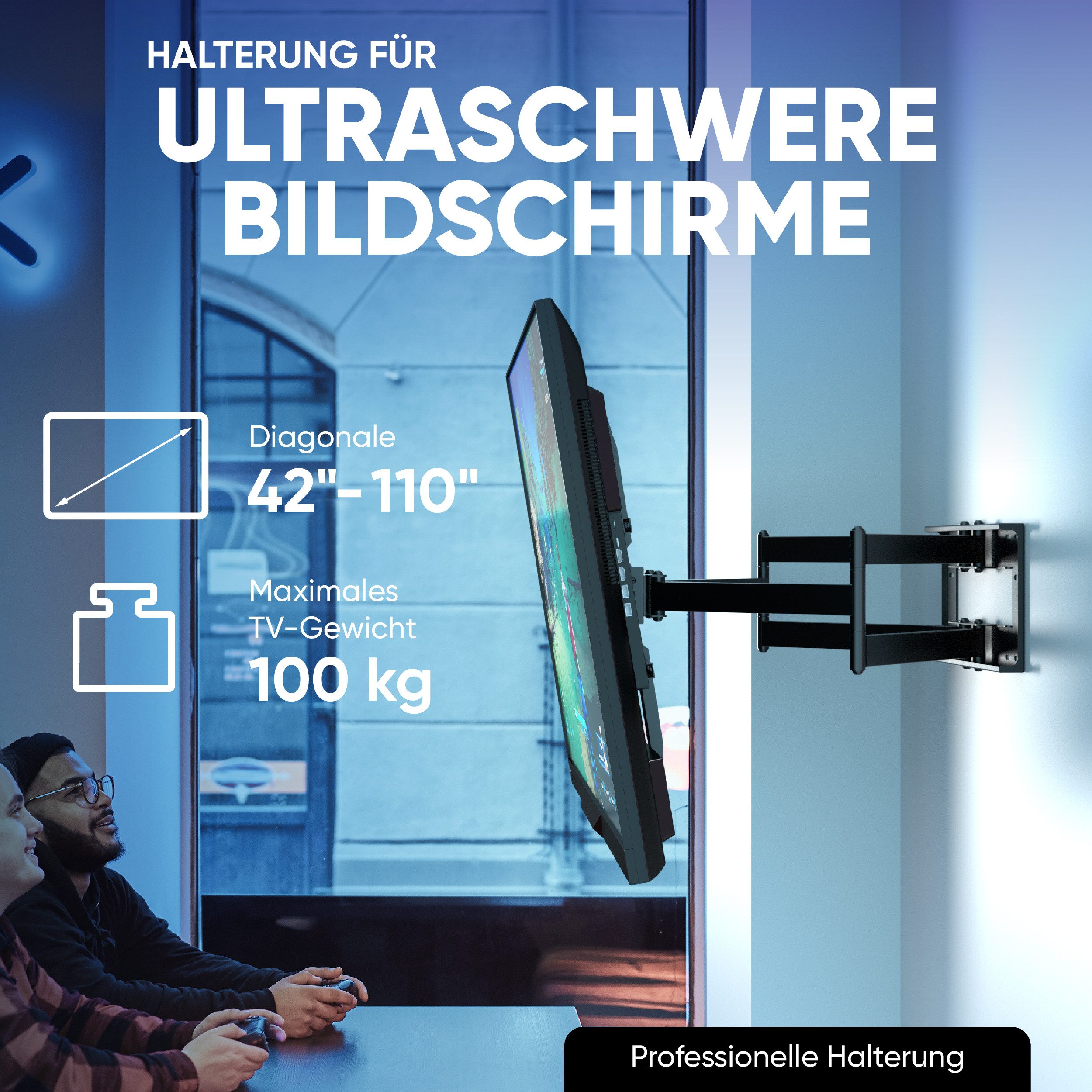 ONKRON TV-Wandhalterung 42-110 Zoll, bis 100 kg, VESA 100x100-800x600, M8L-B, (bis 110 Zoll, groß, schwenkbar, neigbar, drehbar, ausziehbar)