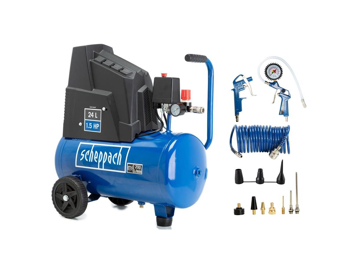 Scheppach Kompressor HC25o, 1100 W, max. 8 bar, 24 l, Set, 14 tlg., ölfrei günstig online kaufen