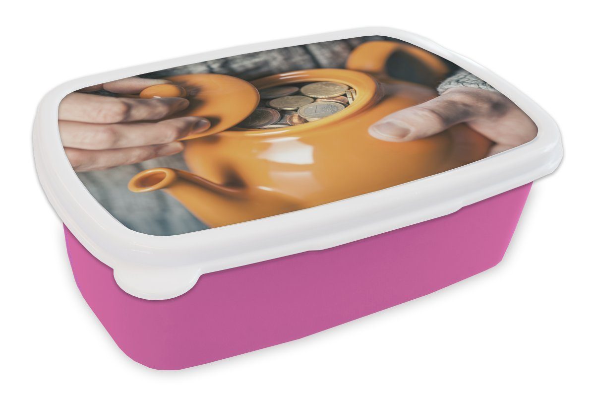MuchoWow Lunchbox Orangefarbene Teekanne gefüllt für Brotdose (2-tlg), Brotbox Kunststoff Münzen, Mädchen, Snackbox, Erwachsene, rosa Kinder, Kunststoff, mit