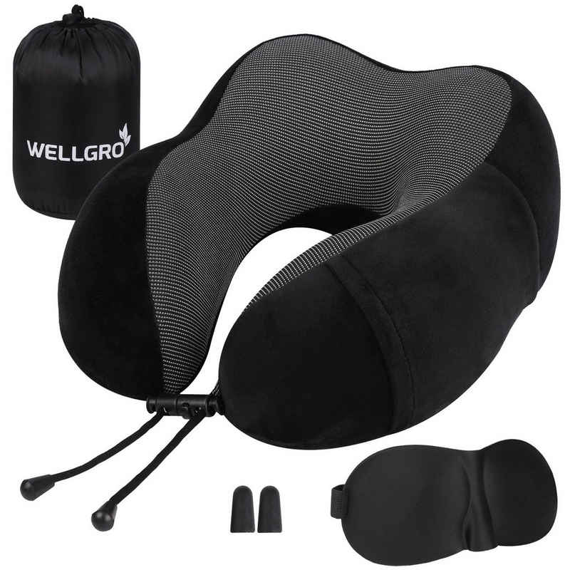 Wellgro Nackenkissen »Nackenkissen Set mit 3D Schlafmaske und Ohrstöpsel - abnehmbarer Bezug - Memory Schaum - Reißverschluss - inkl. Aufbewahrungstasche - Reisekissen«