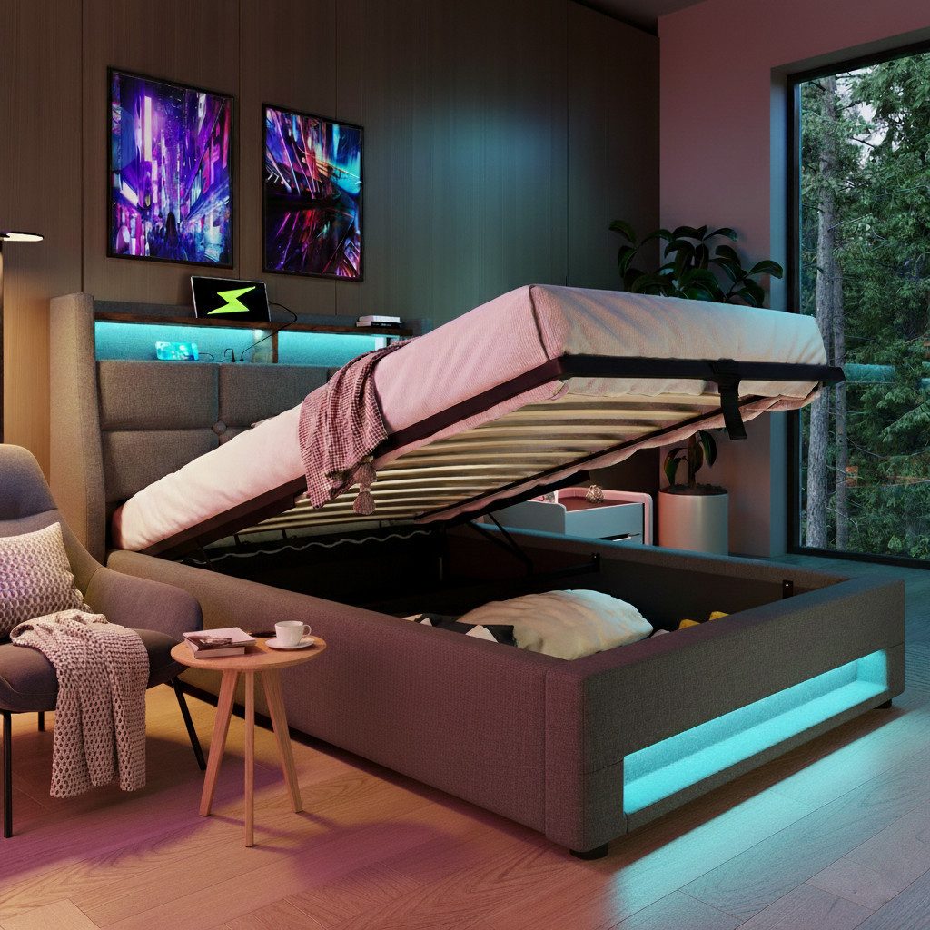 HAUSS SPOLE Polsterbett Polsterbett hydraulisches Einzelbett Funktionsbett Bettrahmen (LED Einzelbett mit Lattenrost aus Metallrahmen, Jugendbett), Lagerung