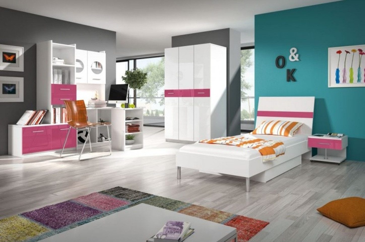 JVmoebel Jugendzimmer-Set Möbel Set in Pink mit Bett und Nachttisch aus Holz, (2-tlg), Made in Europa