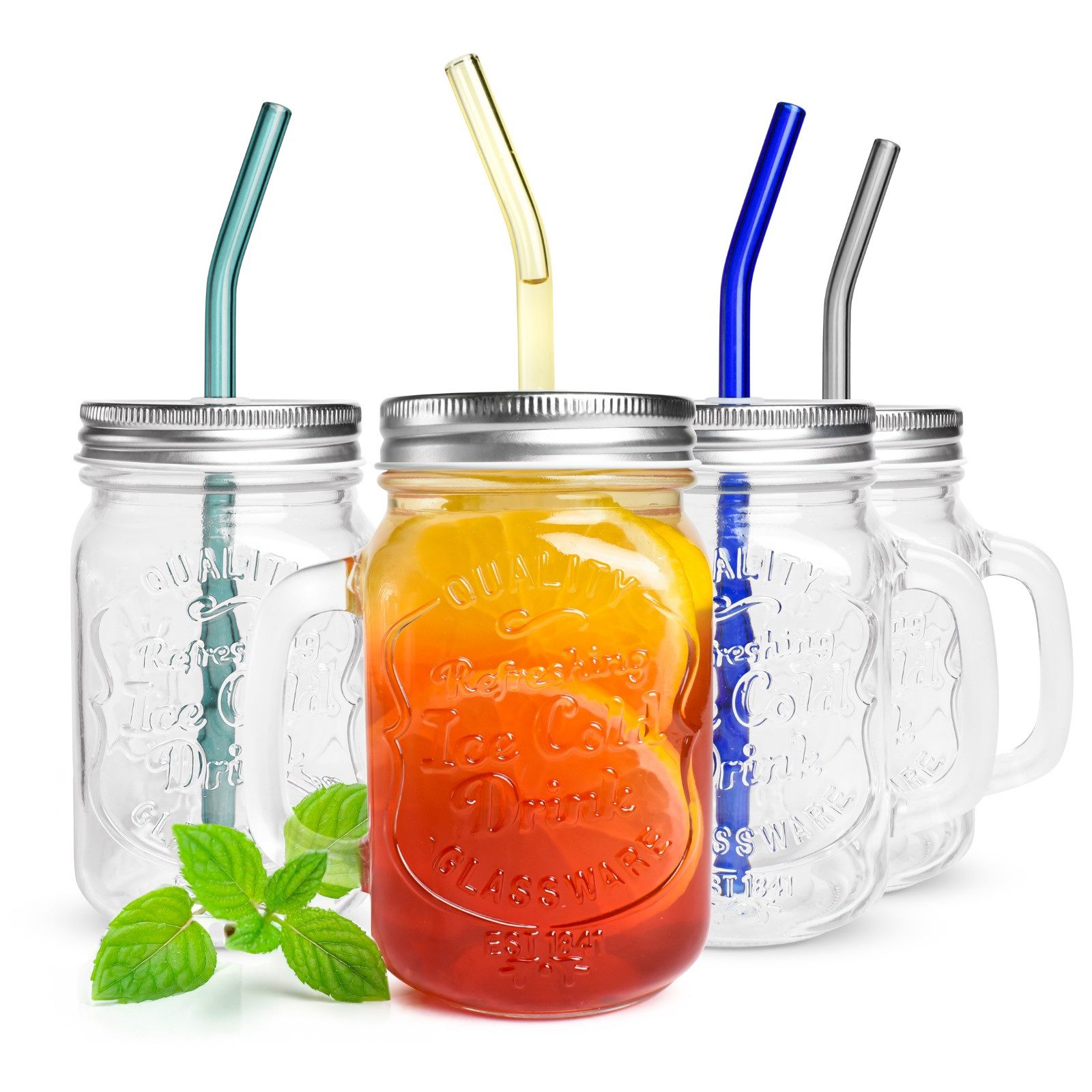 Sendez Cocktailglas 4 Trinkgläser mit Deckel und Glasstrohhalme Kaffeegläser, Glas