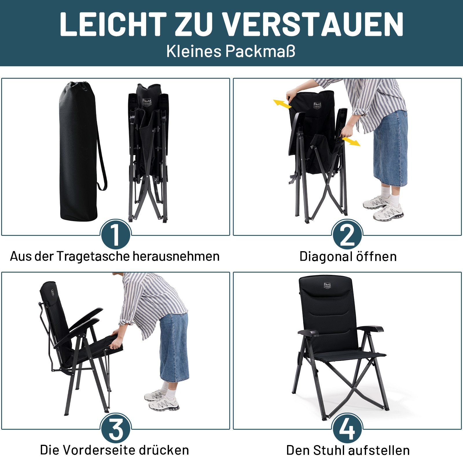 TIMBER RIDGE Campingstuhl Klappstuhl, faltbarer Stuhl mit hoher Lehne und Packmaß (2 St), mit 4-fach verstellbarer Rückenlehne und hochbelastbarem Gestell – Bild 5 von 5