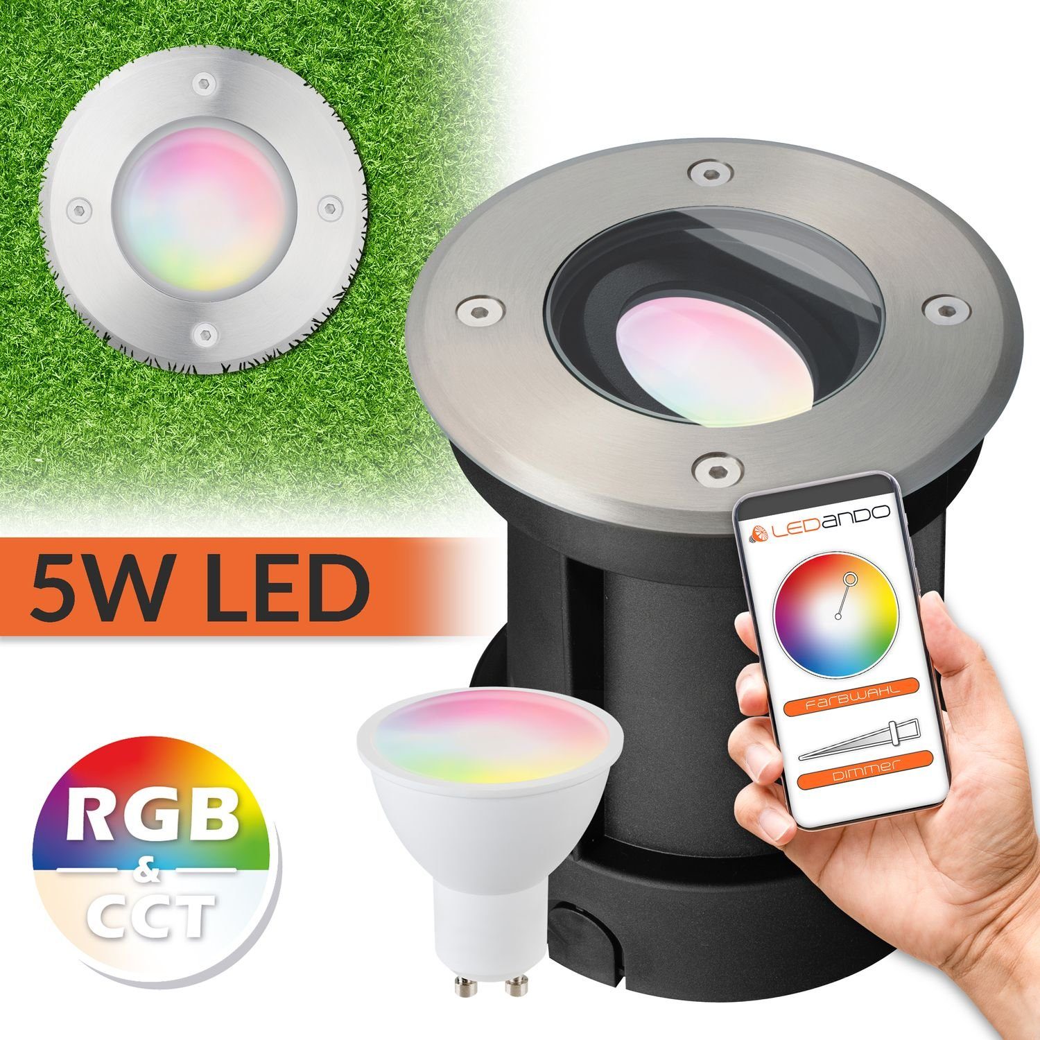 LEDANDO LED Einbaustrahler 5W WiFi LED Bodeneinbaustrahler Set - Smart per App steuerbar - RGB +