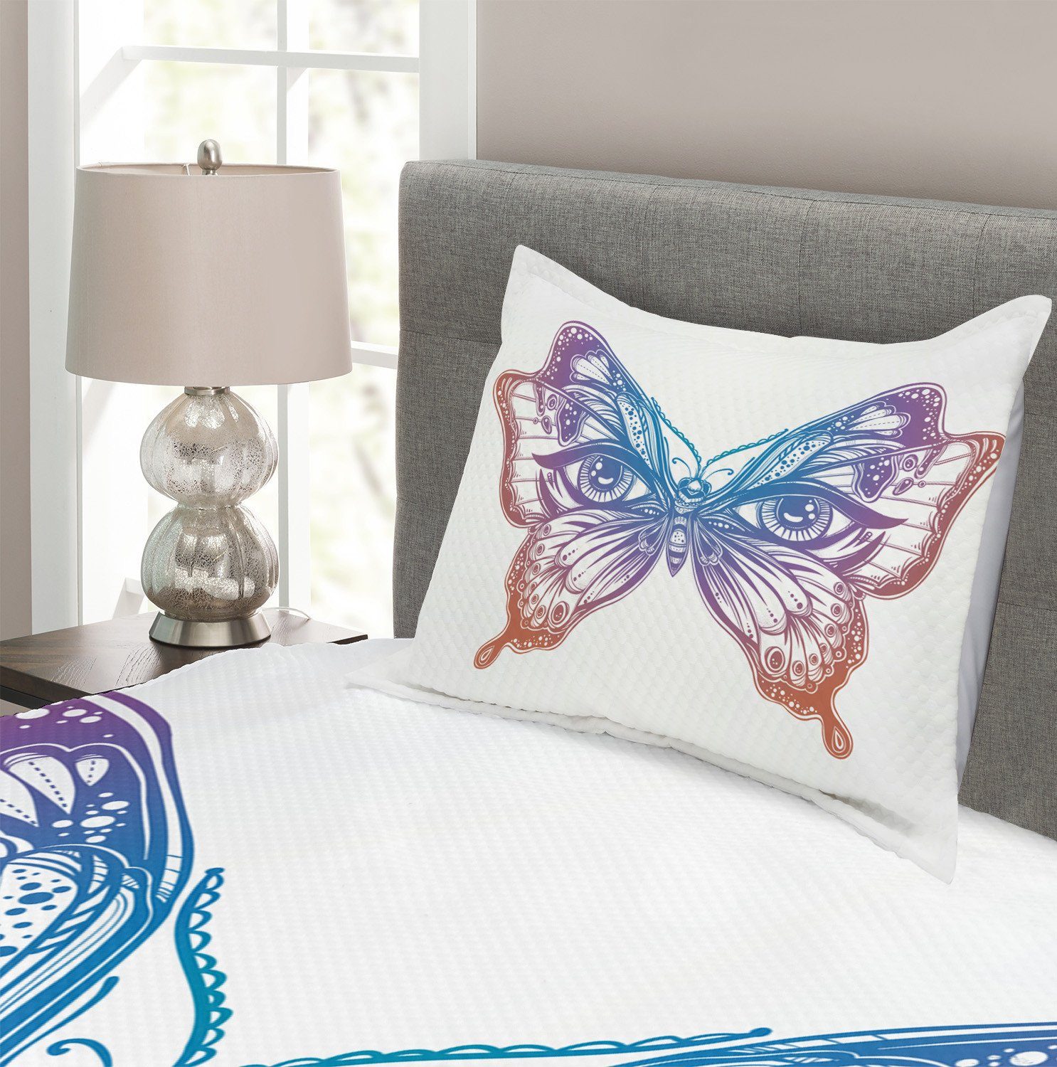 Schmetterling Artwork Abakuhaus, mit Waschbar, Set Kissenbezügen Tagesdecke Design-Tattoo
