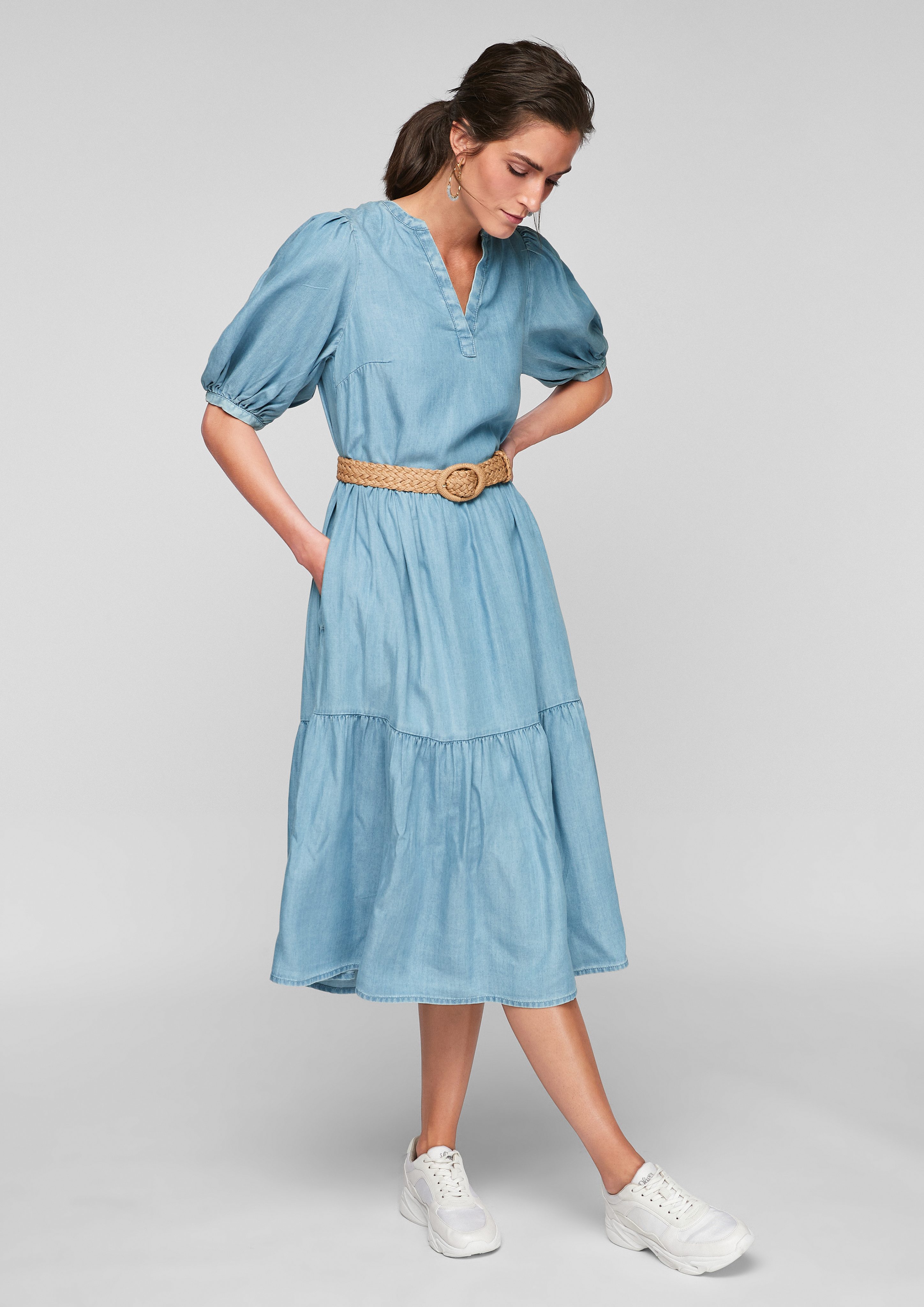 s.Oliver Maxikleid »Gestuftes Light Denim-Kleid« Raffung online kaufen |  OTTO