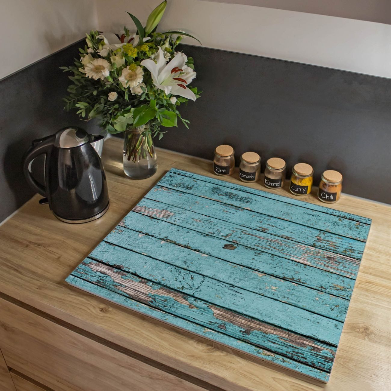 banjado Herd-Abdeckplatte einteilig aus Glas mit Motiv Blaue Holzlatten, (gehärtet, 1 tlg., inkl. selbstklebende Gummifüßchen)