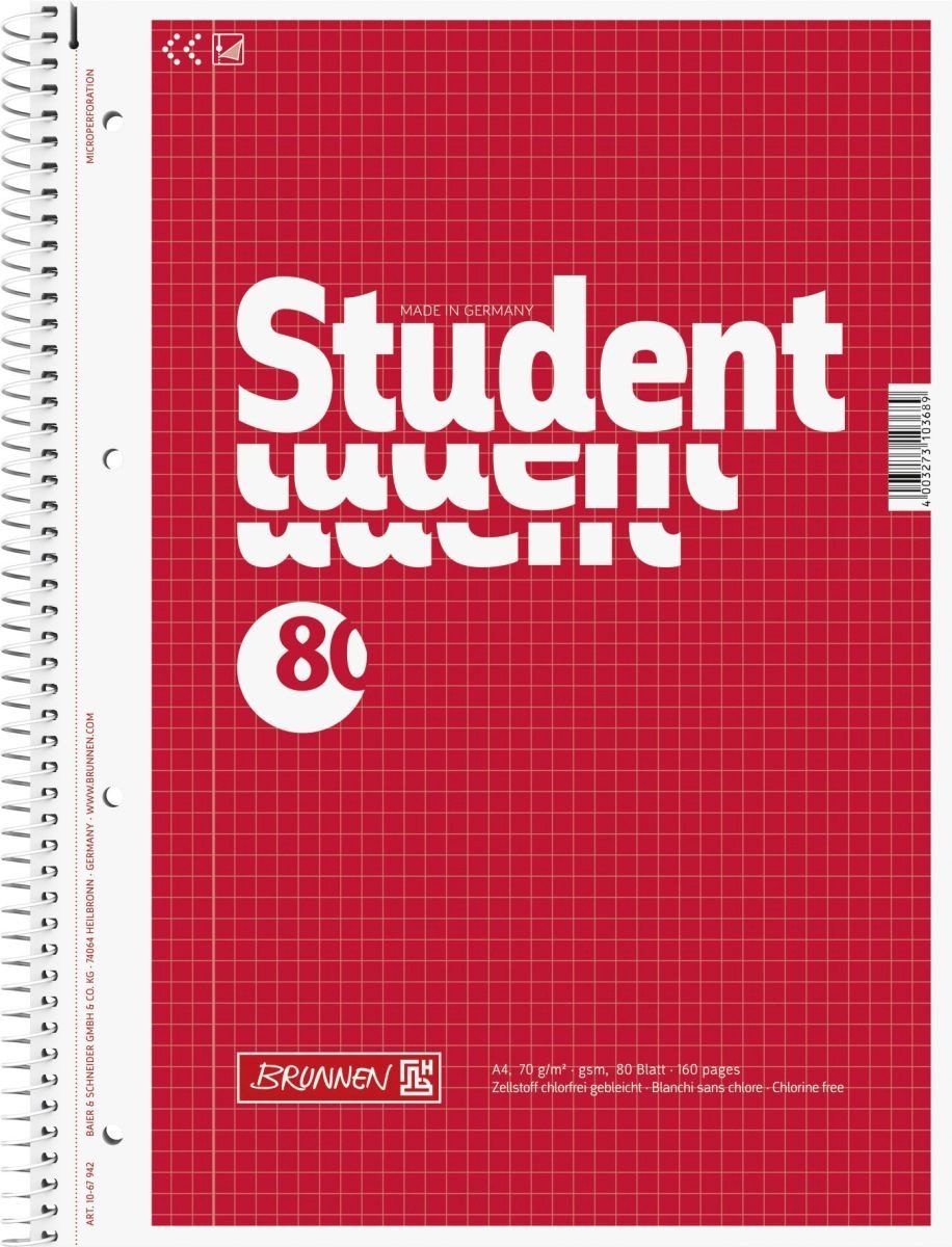 Notizblock Kollegblock Student A4 70g/qm kariert 80 Blatt rot